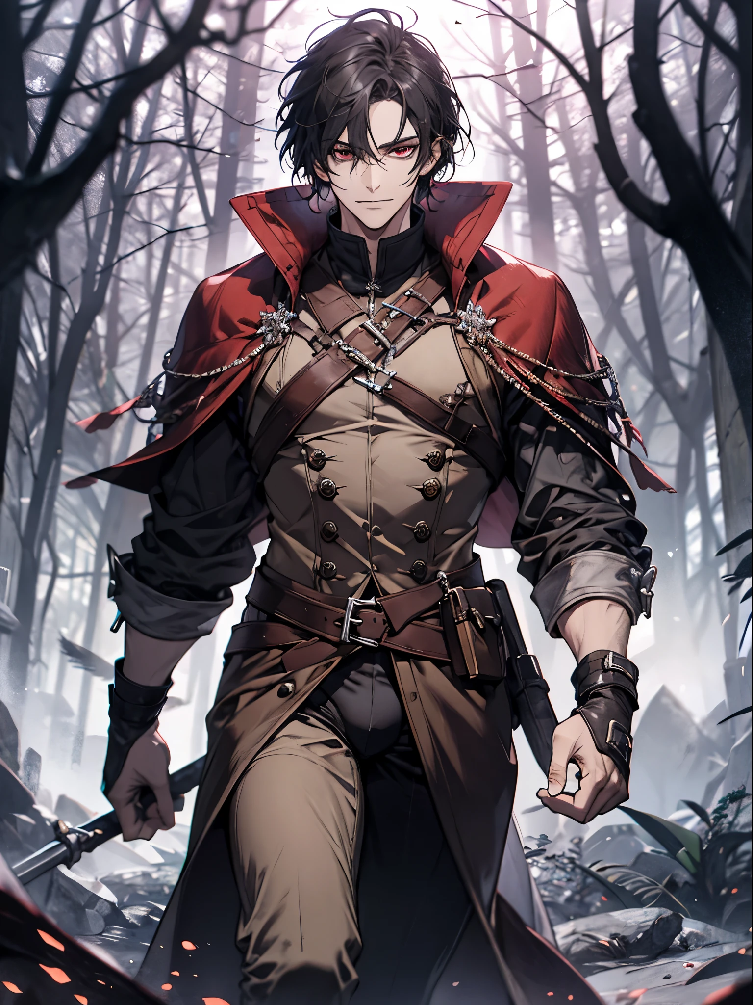 1 male, calm,  face, tall, handsome, messy black hair with bangs, crimson red eyes, wearing black, in a dark forest, medieval fantasy, full body, big bulge.