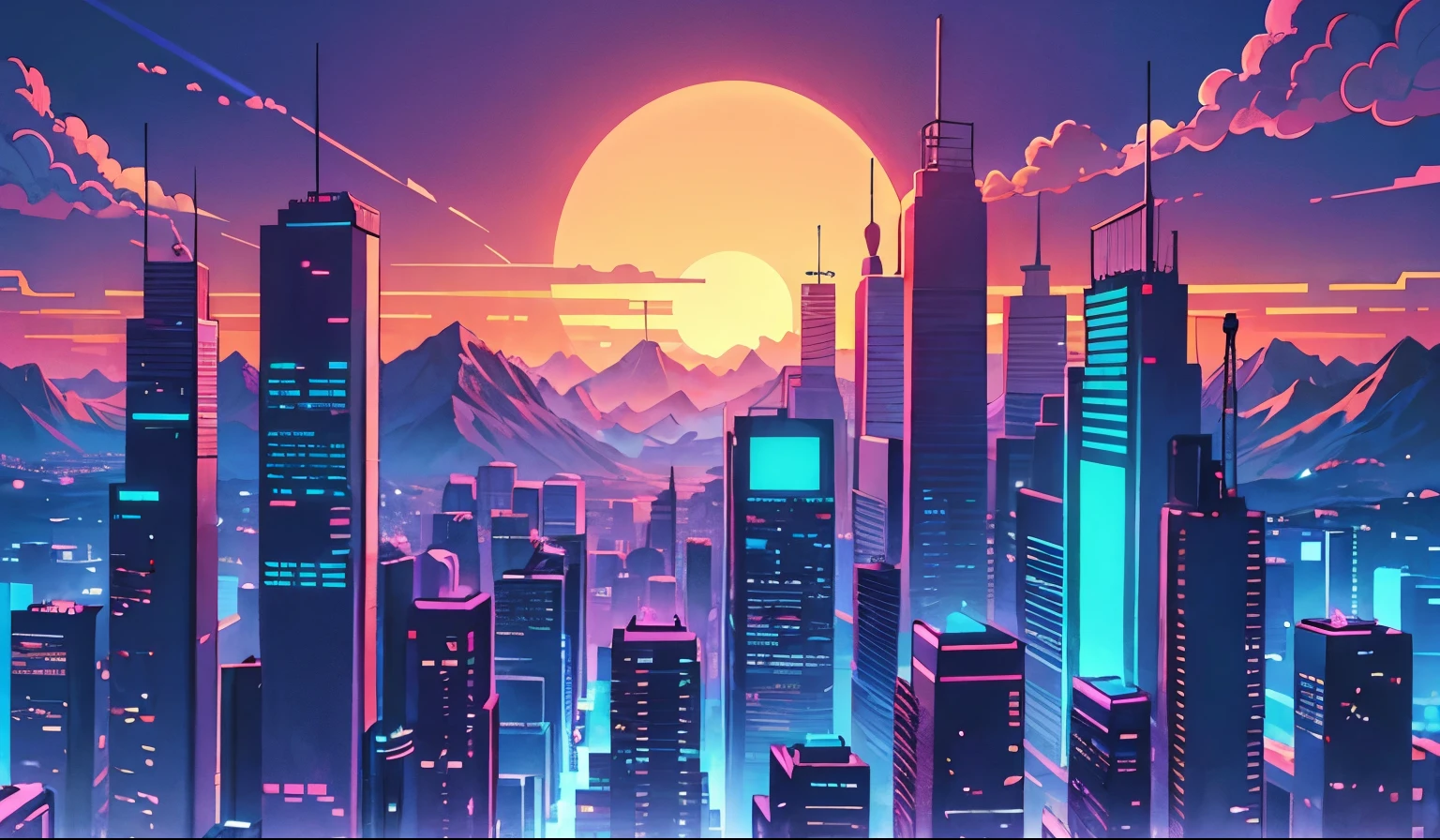 retrowave. synthwave, cyberpunk city, purple neon lights, blue neon lights, sun, mountain, palm trees,
(masterpiece,detailed,highres),