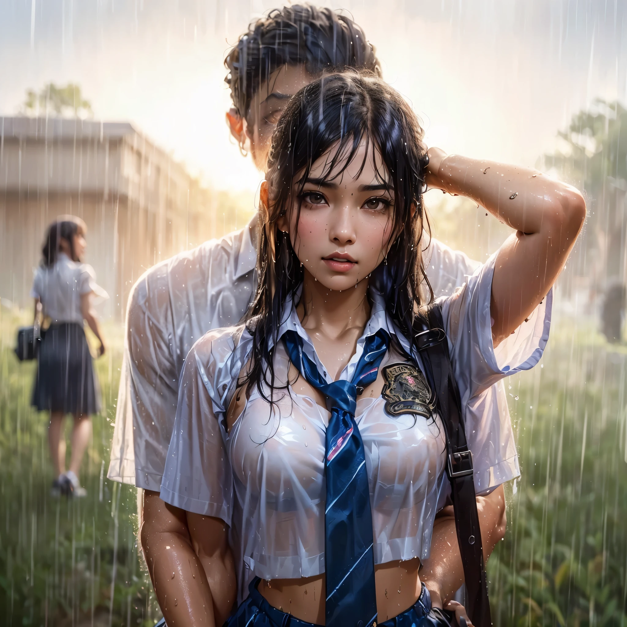 realistic art, there are (woman with large round breast wearing black luxury bra) and her (((handsome muscular short hair masculine alpha male boyfriend))) in a indonesian school uniform hugging in the rain, ((wet messy shirt show black bra under shirt)), wet skirt, pretty girl at school field, raining, thai girl, raining award winning photo, school girl, at evening, wet from rain, rainy wet, beautifull , hand behind head, masterpiece, best quality:1.2),,(8k,highres,RAW photo,realistic,photo-realistic:1.3),(detailed skin texture,detailed cloth texture,beautiful detailed face:1.25),professional lighting,photon mapping,beautiful soft light,radiosity,physically-based rendering,raytracing, model shoot style, model shoot style, (extremely detailed CG unity 8k wallpaper), full shot body photo of the most beautiful artwork in the world, ((nsfw)), (((black bra under wet shirt))), ((cannon camera)), ((professional photoshoot))