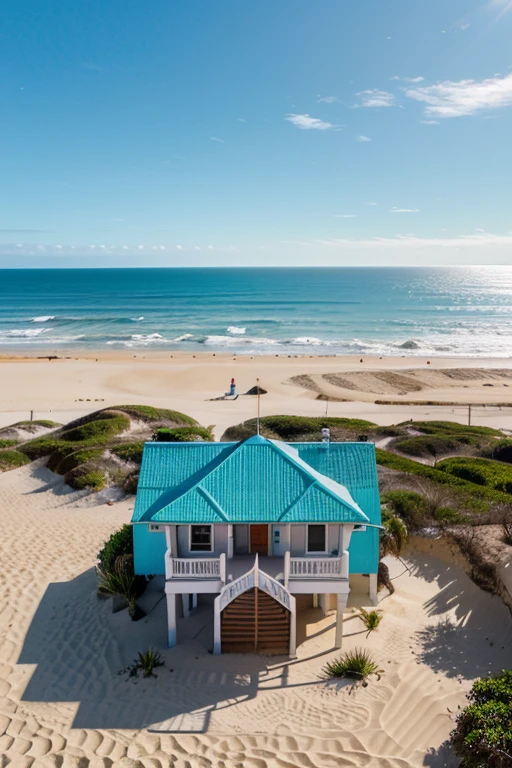 Uma casa de praia, built on a sand dune, com um telhado vermelho. A casa tem um jardim com flores e plantas. The ocean is turquoise blue and the waves crash on the beach. The sky is light blue with some white clouds.