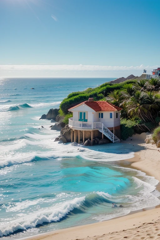 Uma casa de praia, built on a sand dune, com um telhado vermelho. A casa tem um jardim com flores e plantas. The ocean is turquoise blue and the waves crash on the beach. The sky is light blue with some white clouds.