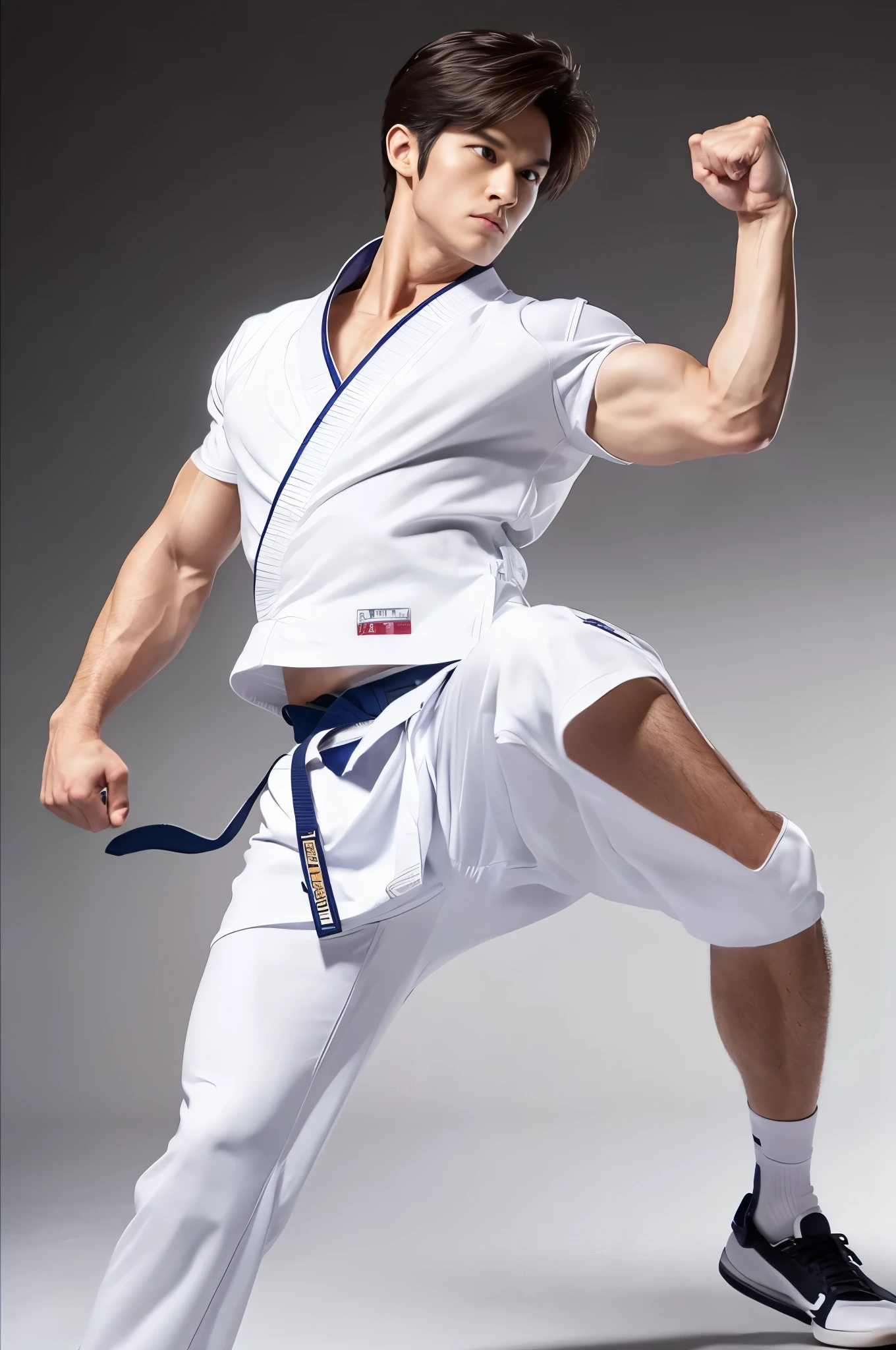 a picture, a handsome, 8k full body poster of a man, Charming sweet look, Move ki, shorth hair, musculature, clong legs, musculatureの足,, bare-legged, 詳細なmusculatureの体格, a picture, (​masterpiece, top-quality, top-quality, Official art), side high kick, Stick out your fist, Large and dynamic movements, Photorealistic depiction,20yr old, Toned waist, White Karate Uniform, Karate Belt, White karate pants, Accurate depiction of details, Perfect skeleton, Look straight at your audience, sharp gaze