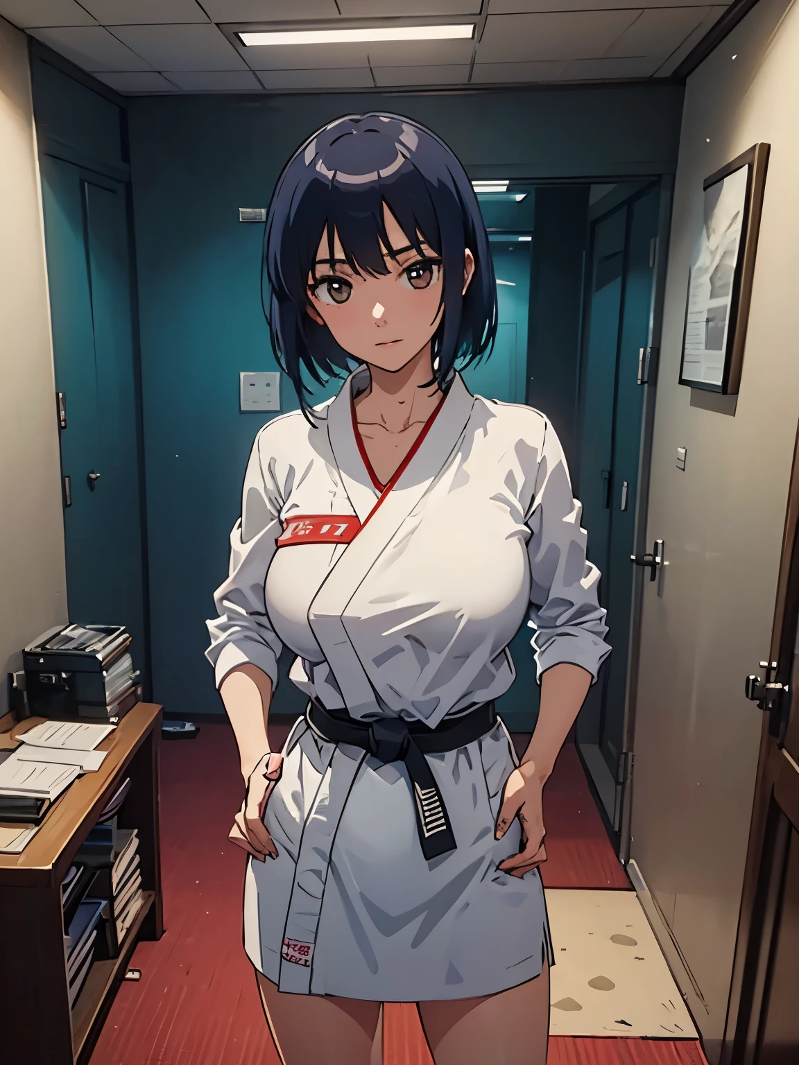 (( masterpiece ))) Background : ( Dojo theme, hall, best quality, highly detailed ). Character ; ( 1girl, Suou Mikoto, wearing judo uniform, black belt, innocent, strict face, dark blue short hair, hands on hip, big breast)