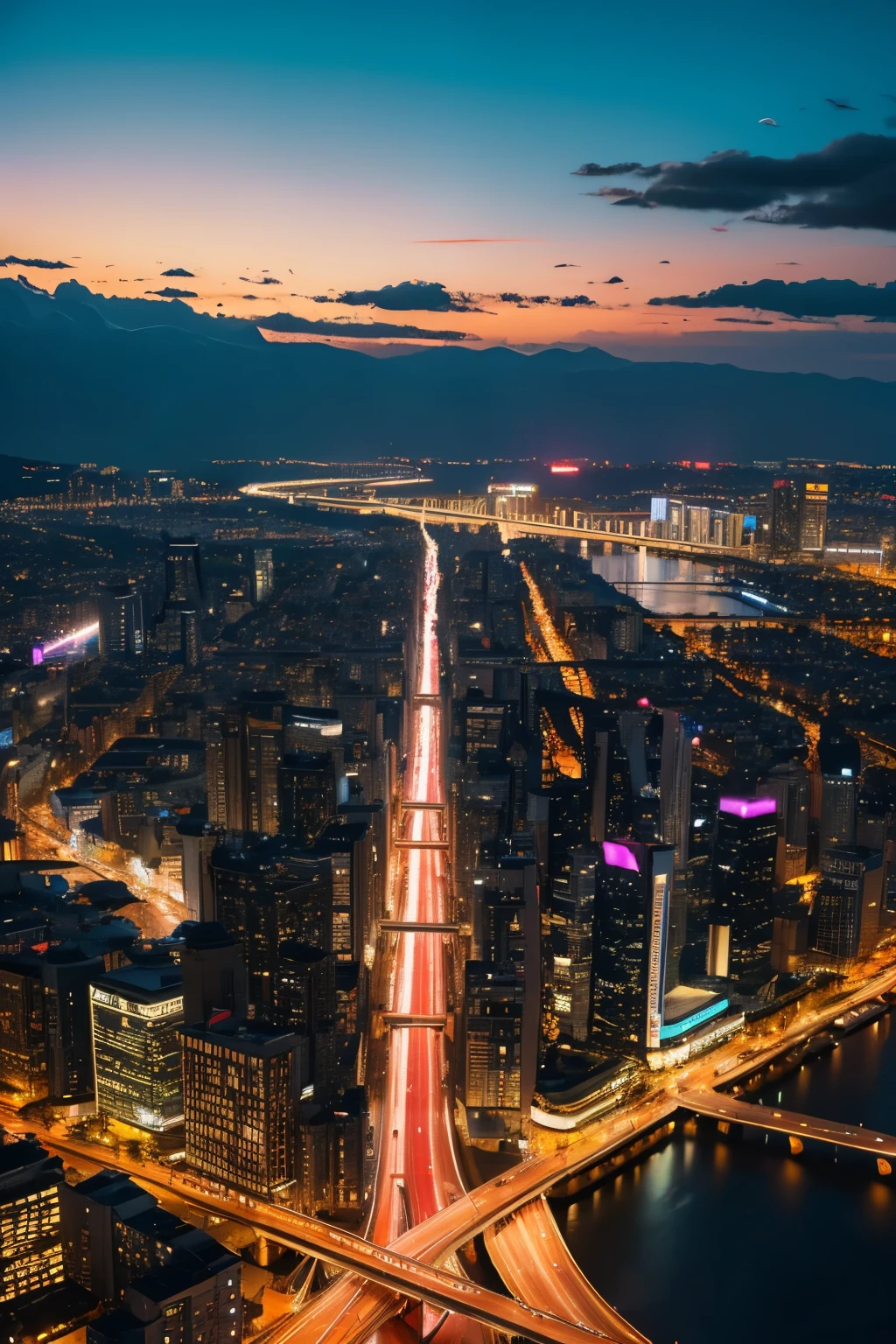 ures),ultra-fine painting,professional,vivid colors,bokeh
Artistic Style: landscape painting,neon colors
Color Tone: vibrant and saturated colors
Lighting: dramatic and dynamic city lights