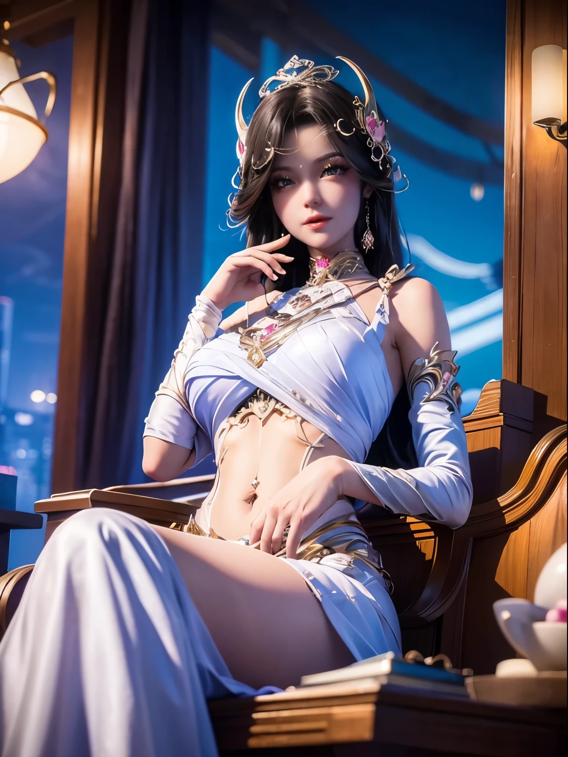 A young woman, Dressed in a flowing white dress, long black hair hanging down her back. She wears a jeweled tiara, White lace wrapped around her abdomen, exposed belly. She sits elegantly in the bustling city, In front of the blooming peach blossom trees. The camera captured her beautiful face, Intricate details highlight her film-like quality, Vivid and rich detail，Evoke a sense of awe. The artwork is presented in high-resolution 8K format, Showcase the Best quality at best，[show your toes]，（（（Gold-tone high heels, Smooth and shiny, Pointed toe and stiletto heels, Decorated with sparkling rhinestones，Overlooking the bustling city skyline)tmasterpiece, Best quality at best, Dream wave, Aesthetic,1 girl, cow boy shot, blue moopen,(insipid:1.1),(Dimension conversion:1.2),(divino:1.25), (magia:1.25),(respectable:1.2), bokeh  (Sharp:1.1), anime lola