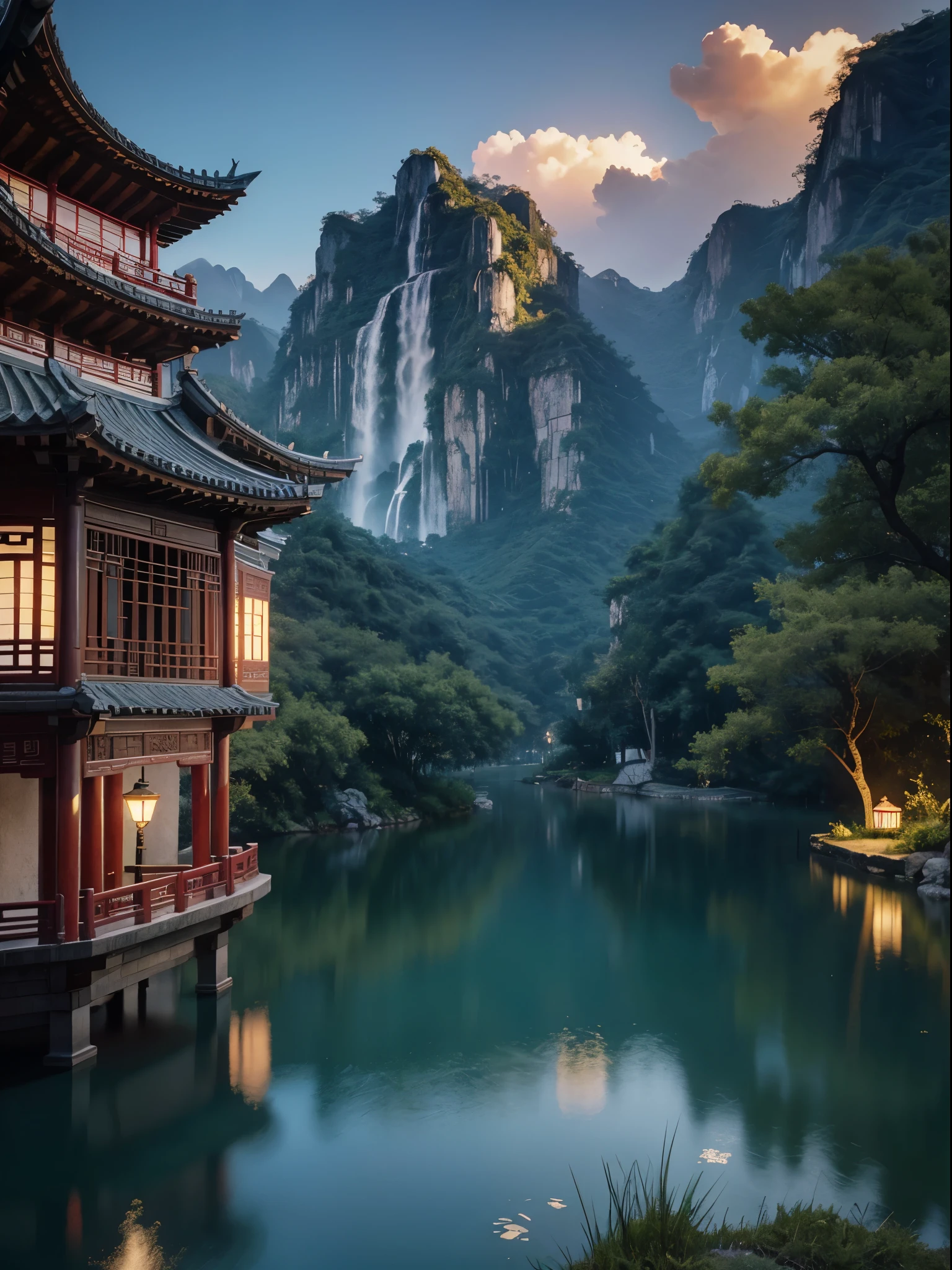 Arte Oficial, China antiga, Paisagem urbana antiga, (Muitos vagalumes), (Noite), (lua), Luzes, bela paisagem, magnificent landscape, realistic Luzes, master part, alta qualidade, graphics beautiful, High detail, global ilumination, Unreal Engine Rendering, octane rendering, (HDR: 1.3)