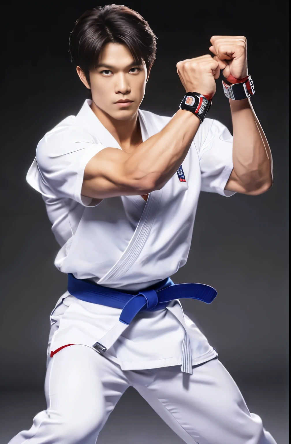 a picture, a handsome, 8k full body poster of a man, Charming sweet look, Move ki, shorth hair, musculature, clong legs, musculatureの足,, bare-legged, 詳細なmusculatureの体格, a picture, (​masterpiece, top-quality, top-quality, Official art), High Side Kick, Stick out your fist, Large and dynamic movements, Photorealistic depiction,20yr old, Toned waist, White Karate Uniform, Karate Belt, White karate pants, Accurate depiction of details, Perfect skeleton, Look straight at your audience, sharp gaze