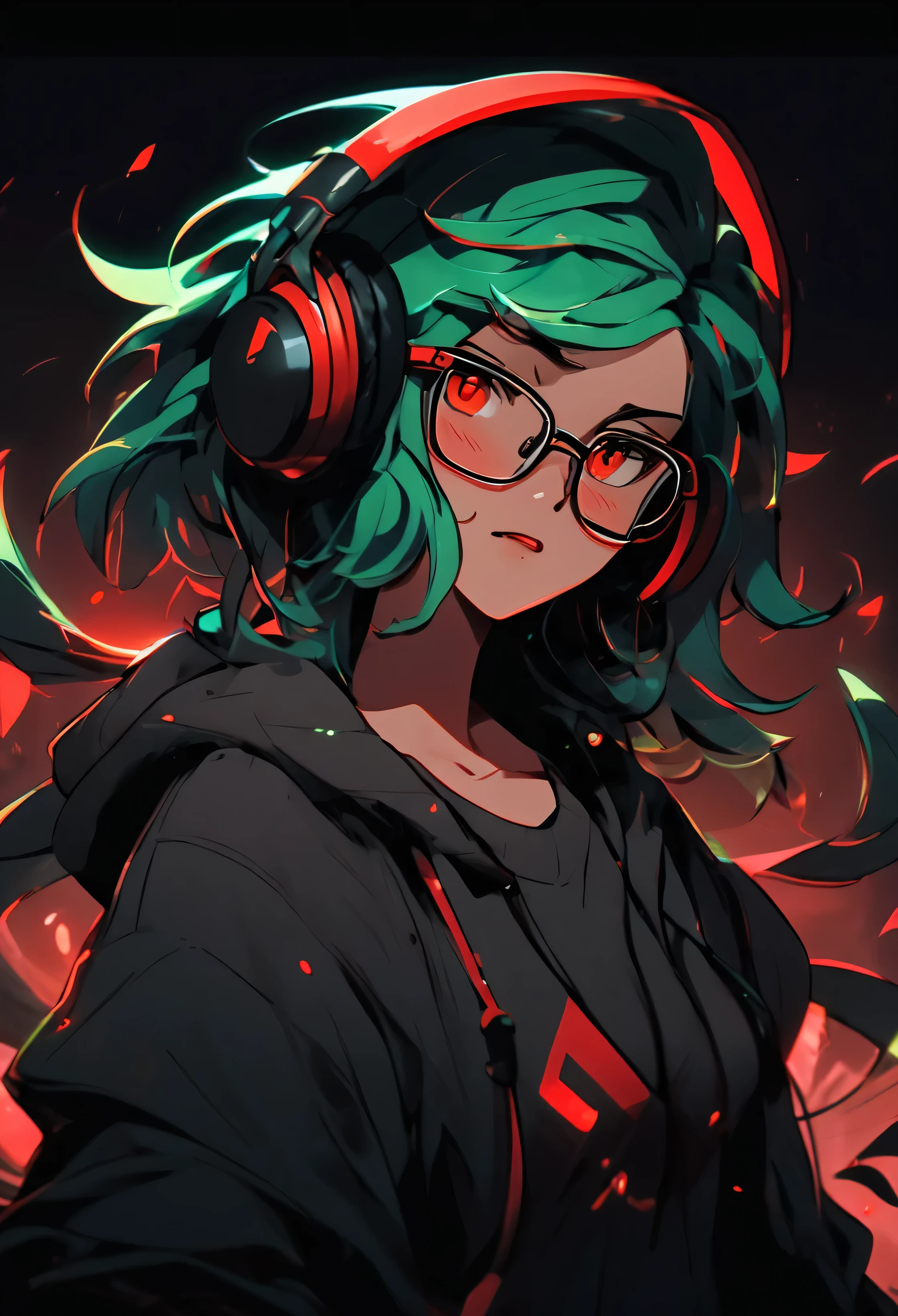 Woman, medium length green hair, olhos castanhos, wearing glasses, wearing a gray sweater, usando um fone de ouvido preto com LEDs vermelhos, expressing indifference, fundo preto com LEDs vermelhos. estilo de arte: League of Legends arte splash.