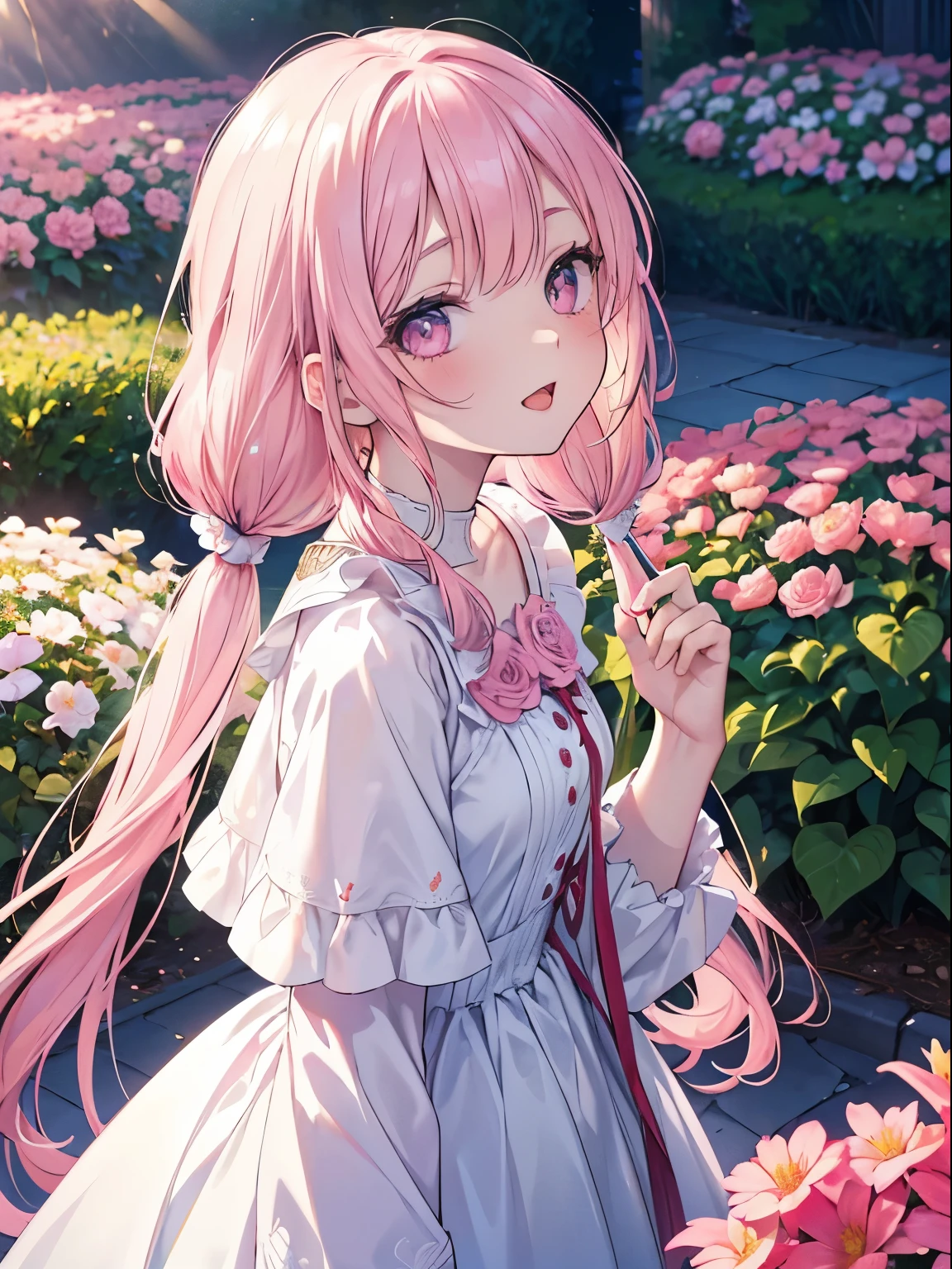 masutepiece, Highest Quality, (Perfect face:1.1), (high detailing:1.1), (ultradetailed eyes), Dramatic, superfine illustration, Extremely detailed,1girl in, (pale skin), Happy, Laugh, Enjoy, Cheerful,Open mouth, gloweyes,pinkhair, (long twintail),Ethereal eyes, pink eye,(light eyebrow),blush, Solo,Pouty lips,Cinematic lighting,Looking up,learning forward,upper body,from above,from side,Long sleeve,pink princess dress,outdoor, flower garden,in the morning, Sunny