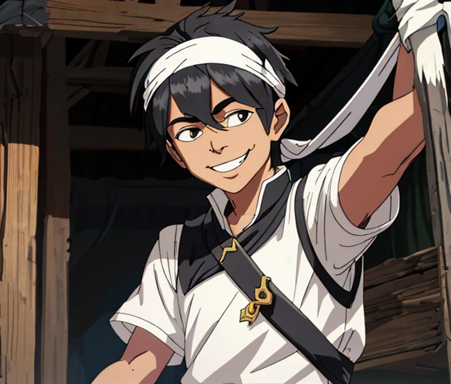Fantasy setting, male peasant, short black hair, ((white headband)), ragged clothes, 16-years-old, (male), (smiling), (happy)