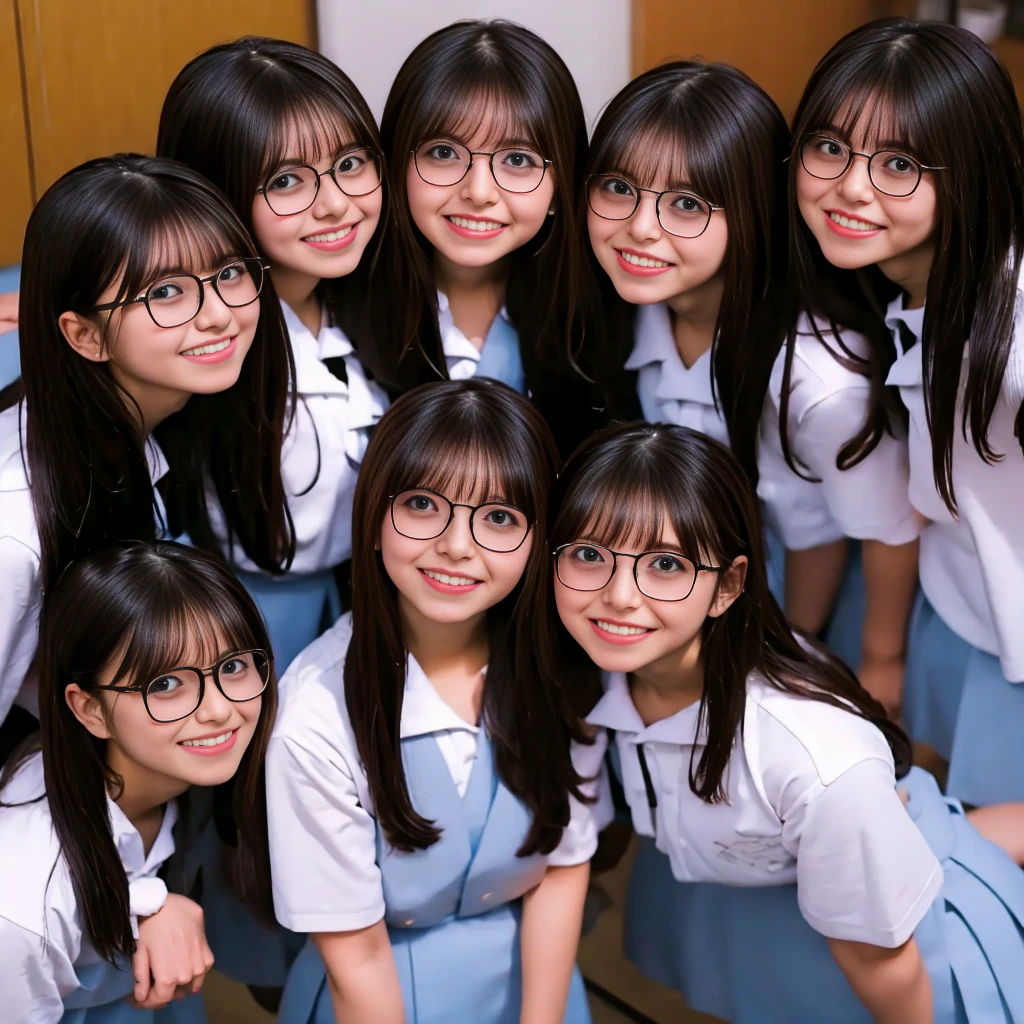 Raw photo、(((multiple girls))),((((6+girls)))),((((100 girls)))),((((1000 girls)))),(((crowd shot))),Women only、((Everyone has the same face)),((((Black-rimmed glasses))))、((matching school uniform))、************、Long black hair、japanes、Black-rimmed glassesをかけたかわいい女子高生100人、a smile、‎Classroom、selfee、same person、High school students