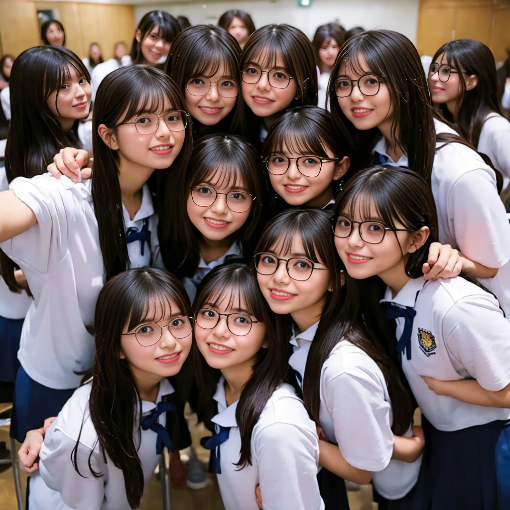Raw photo、(((multiple girls))),((((6+girls)))),((((100 girls)))),((((1000 girls)))),(((crowd shot))),Women only、((Everyone has the same face)),((((Black-rimmed glasses))))、((matching school uniform))、17 years old、Long black hair、japanes、Black-rimmed glassesをかけたかわいい女子高生100人、a smile、Classroom、selfee、same person、High school students