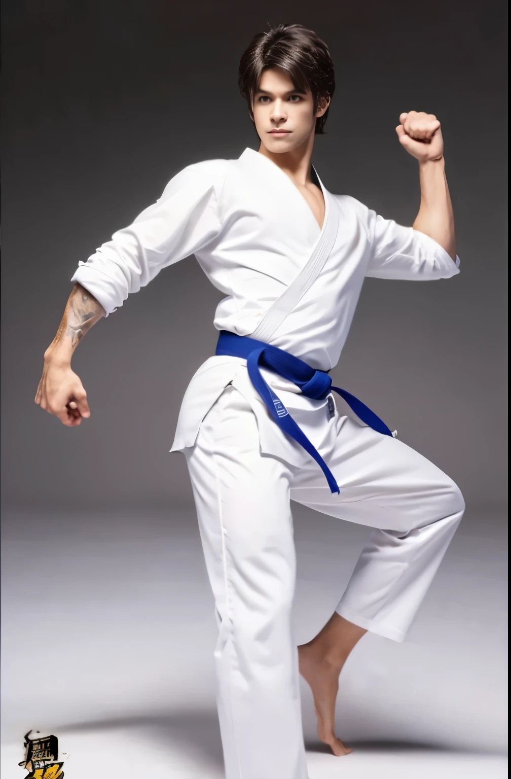 a picture, a handsome, 8k full body poster of a man, Charming sweet look, Move ki, shorth hair, musculature, clong legs, musculatureの足,, bare-legged, 詳細なmusculatureの体格, a picture, (masterpiece, top-quality, top-quality, Official art), High Side Kick, Stick out your fist, Large and dynamic movements, Photorealistic depiction,20yr old, Toned waist, White Karate Uniform, Karate Belt, White karate pants, Accurate depiction of details, Perfect skeleton, Look straight at your audience, sharp gaze
