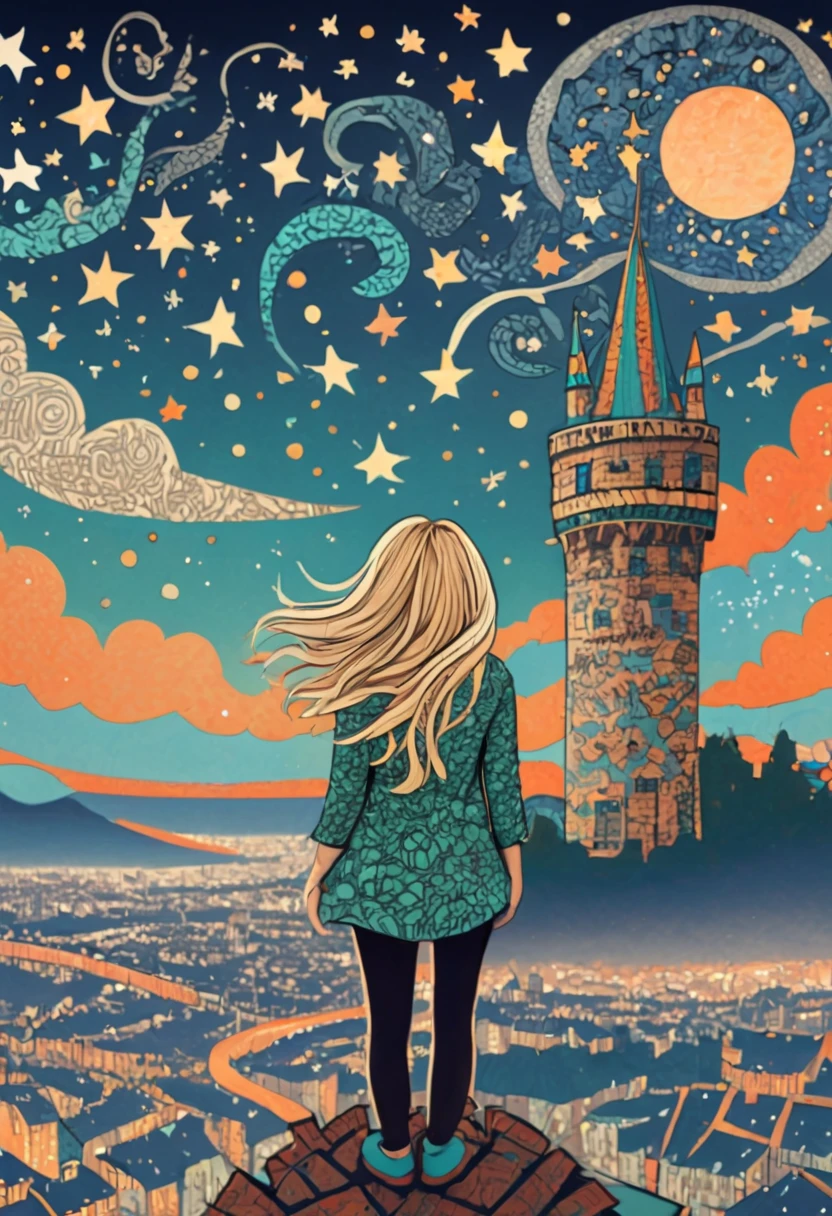 The stars , City Night View in a zentangle style. a blond woman standing on a tower looking at a star filled sky, detailed big city in background, blue, orange, grey, green, brown skies. by my self, by Tupu, in the style childish moderator, amazing wallpaper, by YFM!!