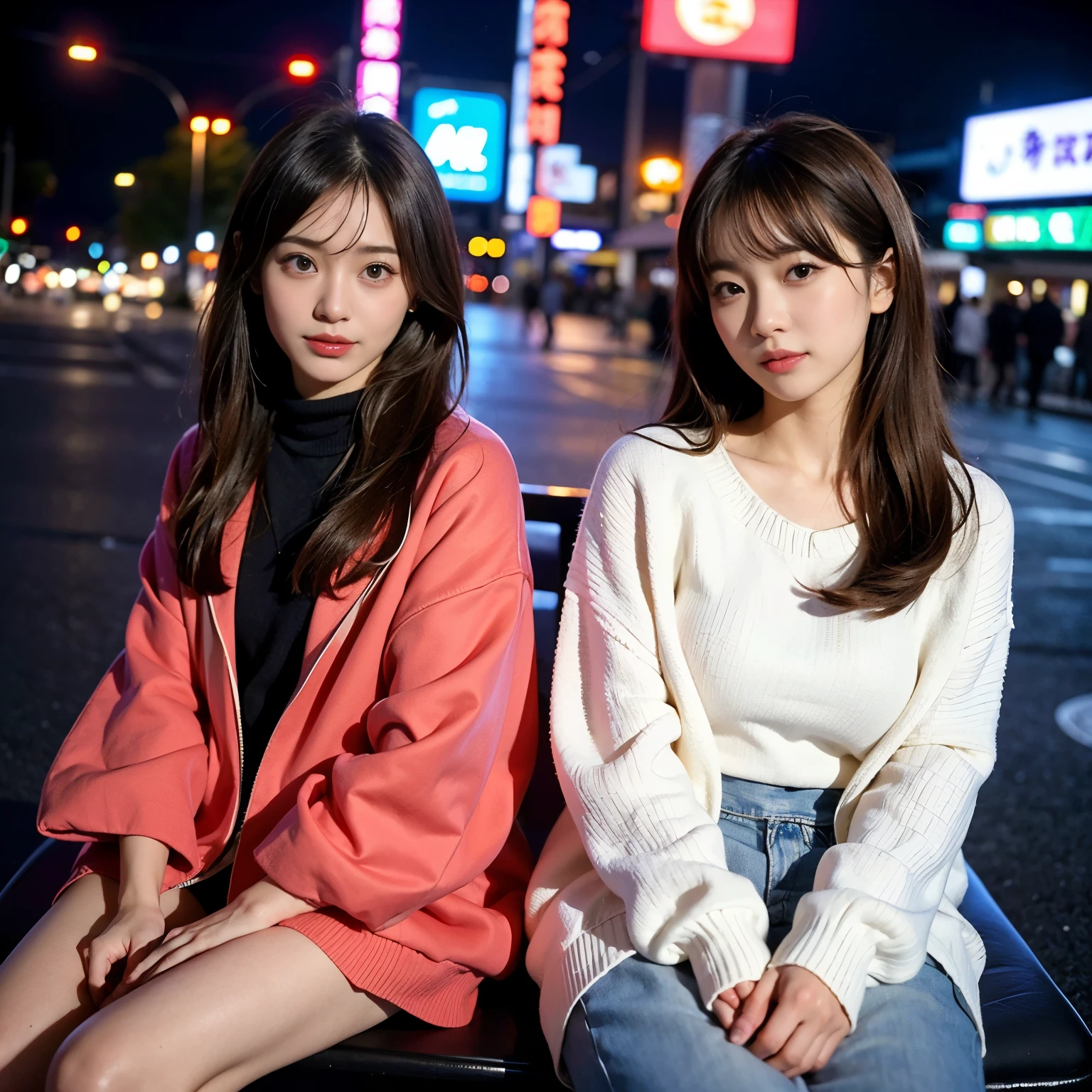 2 girls、Fukuoka、Hakata、Zhongzhou、Lined with food stalls、street vendors、nightclub、night cityscape、Neon Street、full bodyesbian、a closeup、A smile、、(8K、Raw photography、top-quality、masterpiece:1.2)、(realisitic、フォトrealisitic:1.37)、Highly detailed eyelash drawing、(((Top image quality))), (Perfect Anatomy), (Realistic), (Dynamic Angle), Pose Seductive,Perfect, Look、top-quality、hight resolution、Osaka、Shinsaibashi、street snap、Hair is short、full bodyesbian、Colorful outerwear、age 30s、I'm sitting on a chair and drinking alcohol.、long skirt、Sweaters、Brown hair、silber hair