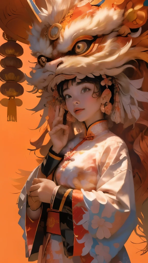 1girll, Clear facial features，looks into camera, Solo, lion_Dance,Clear face，lion dance，dynamicposes，Chinese clothes， Well-designed lion's head design, Brightly colored lions, Traditional Chinese art, Expressive lion dance, Red lanterns，Chinese Year， China-style，red colour，Traditional lion dance, Auspicious symbolism, Auspicious blessings, The expression of a lion's eyeball, Lively celebration background, Traditional Chinese musical instruments, (Masterpiece, Best quality, High quality, A high resolution, Ultra-detailed),
