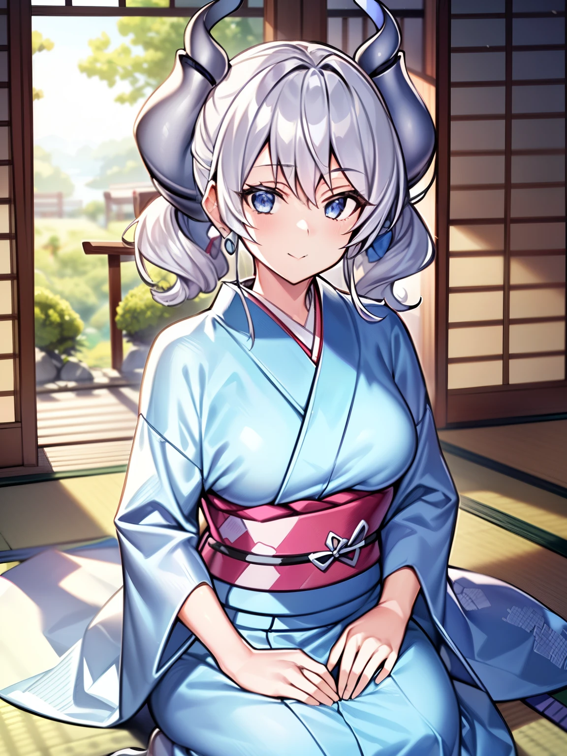 (masutepiece, Best Quality, hight resolution, nffsw, Perfect Pixel, depth of fields, 4K), 
1girl in,  Lori, Beautiful anime girl, 
Looking at Viewer, 
Perfect body,  

Silver hair, Silver Devil's Horn, 

Smile, 
Kimono,
Seiza, Sitting,
kowtow, 
Tatami mats,