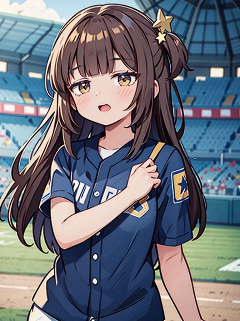 1 beautiful girl, (solo), wink, ((Blunt bangs)), brown hair, brown eyes, long hair, ((silver-star-hairpin on her right bang)), ((baseball uniform)), ((darkblue stripe uniform)), YOKOHAMA DeNA Baystars, Uniform no.67, Left Wing Seats at the baseball stadium, jump up and down with excitement, punch, looking forward,