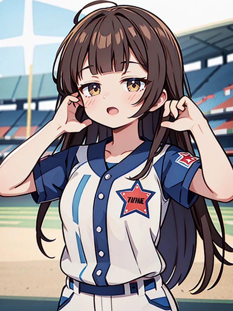 1 beautiful girl, (solo), wink, ((Blunt bangs)), brown hair, brown eyes, long hair, ((silver-star-hairpin on her right bang)), ((baseball uniform)), ((darkblue stripe uniform)), YOKOHAMA DeNA Baystars, Uniform no.67, Left Wing Seats at the baseball stadium, jump up and down with excitement, punch, looking forward,