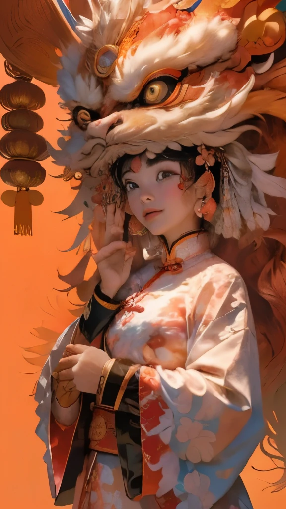 1girll, Clear facial features，looks into camera, Solo, lion_Dance,Clear face，lion dance，dynamicposes，Chinese clothes， Well-designed lion's head design, Brightly colored lions, Traditional Chinese art, Expressive lion dance, Red lanterns，Chinese Year， China-style，red colour，Traditional lion dance, Auspicious symbolism, Auspicious blessings, The expression of a lion's eyeball, Lively celebration background, Traditional Chinese musical instruments, (Masterpiece, Best quality, High quality, A high resolution, Ultra-detailed),