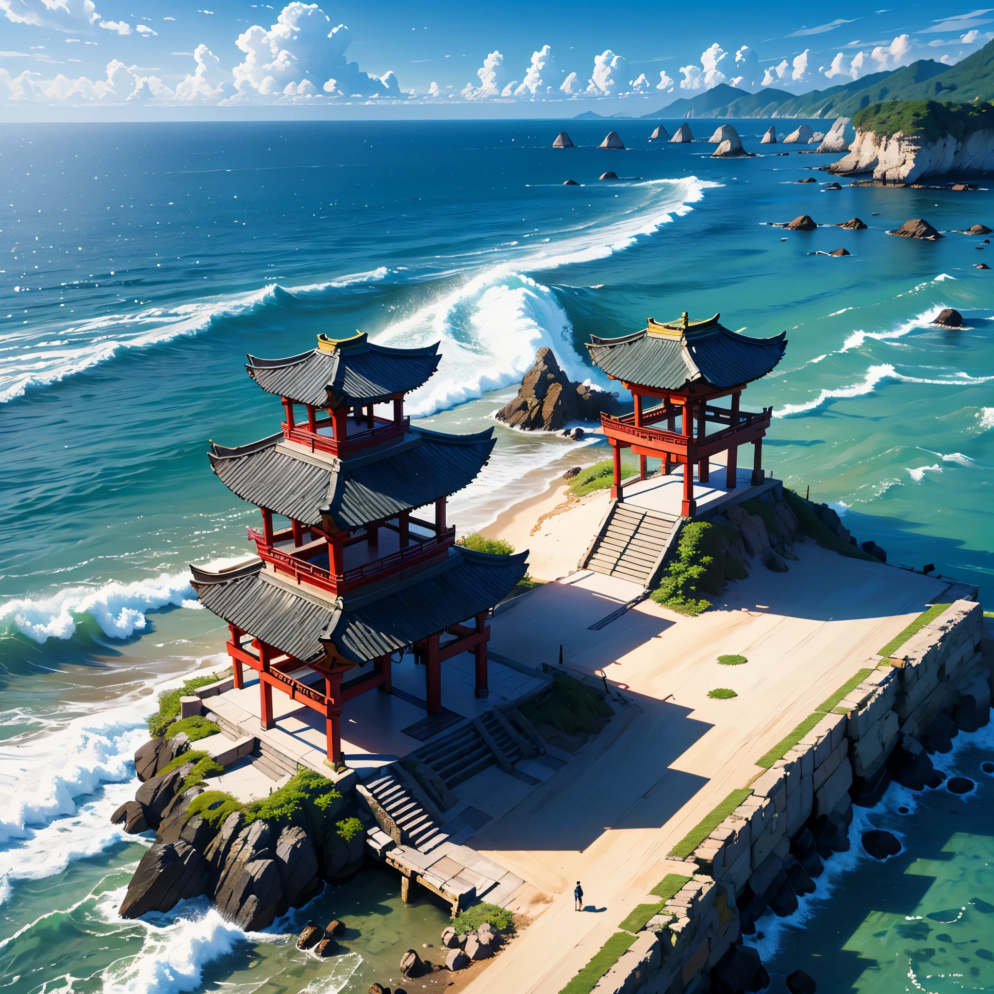 (best quality,4k resolution,8k resolution,high resolution,masterpiece:1.2),ultra-detailed,red torii gate:2,standing by the sea,rough waves