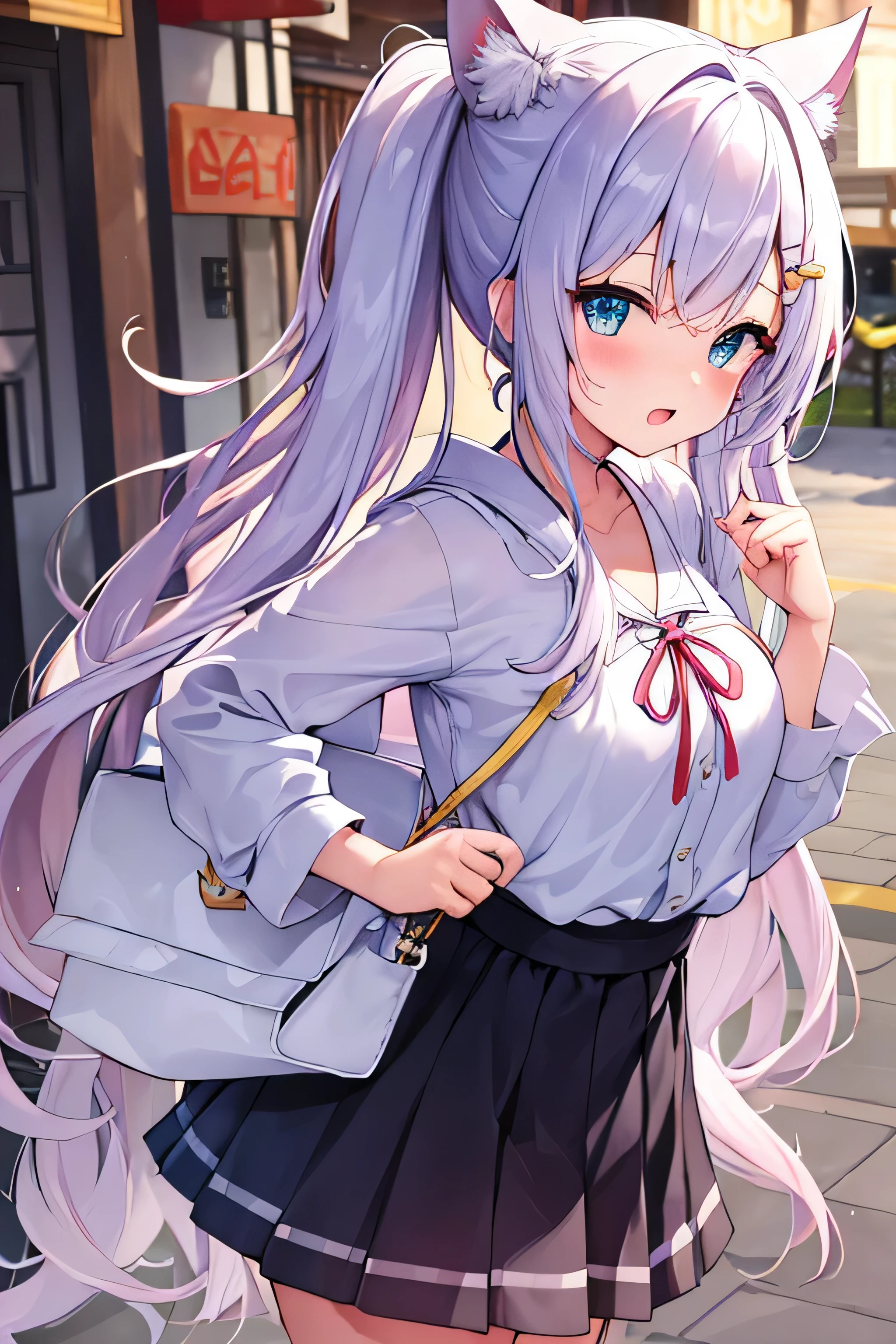 ​masterpiece、Top image quality、超A high resolution、miku hatsune、blue hairs、Twin-tailed、Blushing、mock、Open your mouth just a little、dressed casually、casual miniskirt、Japan amusement park