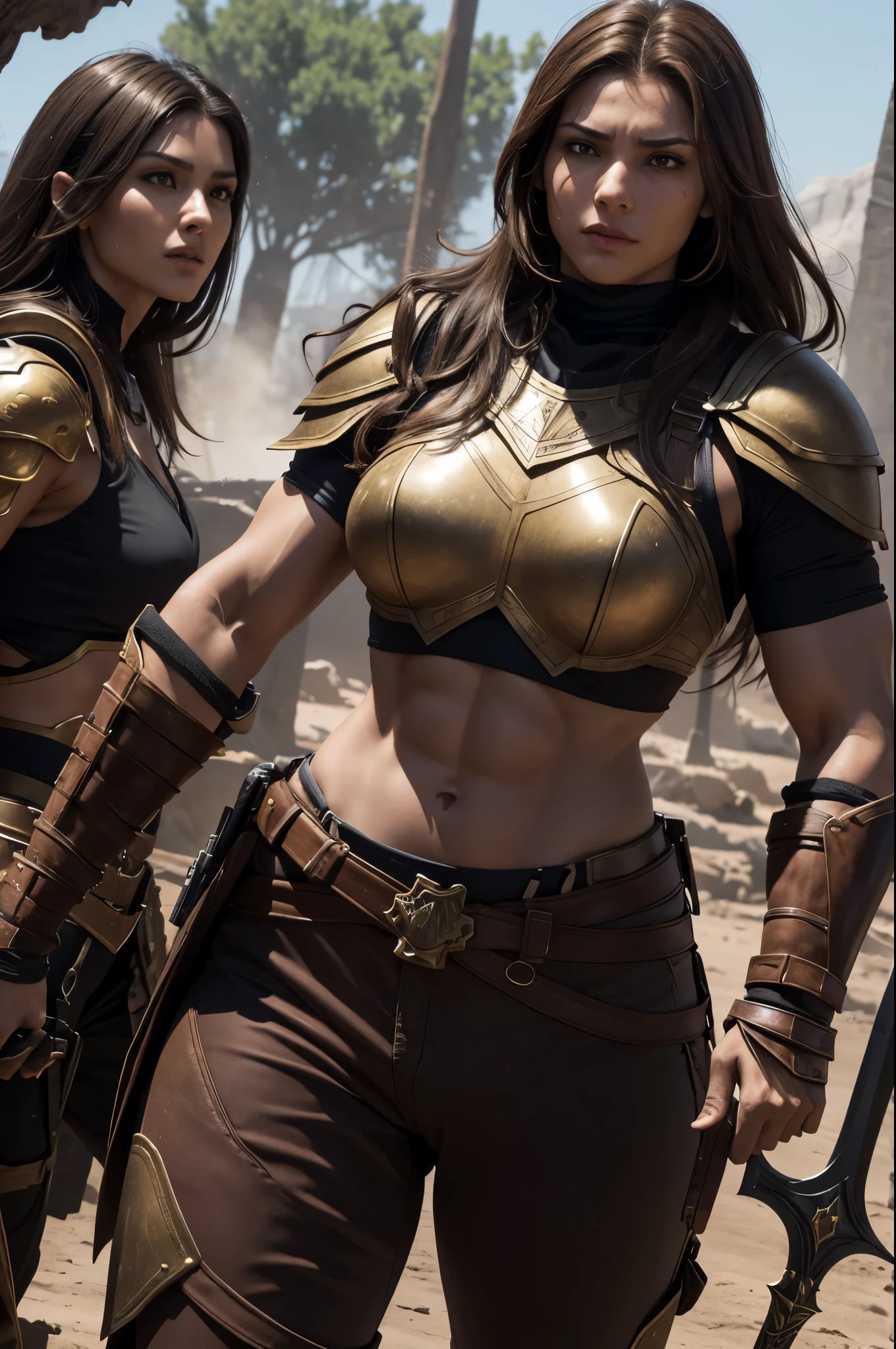 8K,Photorealsitic, 8K,Arahed picks up a woman wearing brown armor.,A woman with a fearless face that looks like a real slender macho man.,Brown-haired Helly Shorthair,Muscular macho brown pants and protectors,超A high resolution,A hyper-realistic,real looking skin,have a large battle ax,