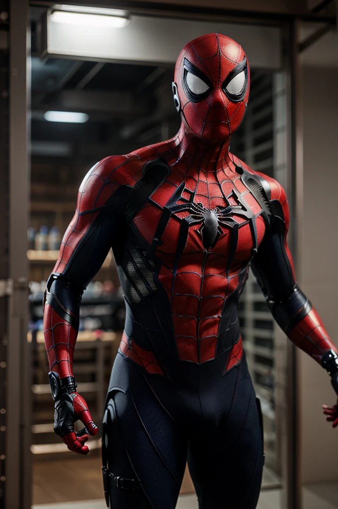 Realistic photo of New Spider-Man in a high tech cybernetic armor, dynamic pose, red and blue suits, nanosuits armor, intricate details, hyper realistic photo, 32K resolution ultra HD, hyper realistic photo, Hasselblad Helios 44-2 58mm F2 photography