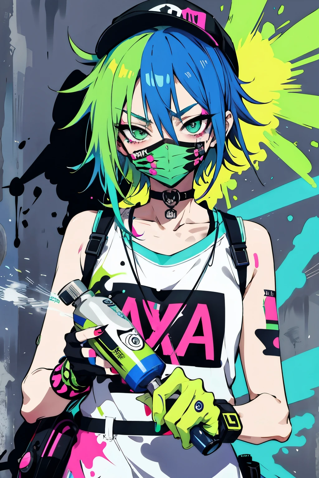 anime slim girl with a cap and a mask, thin face, holding a spray can, green messy hair, street background in neon pink and blue colors, stickers, smirk face, harley vibe, bad girl