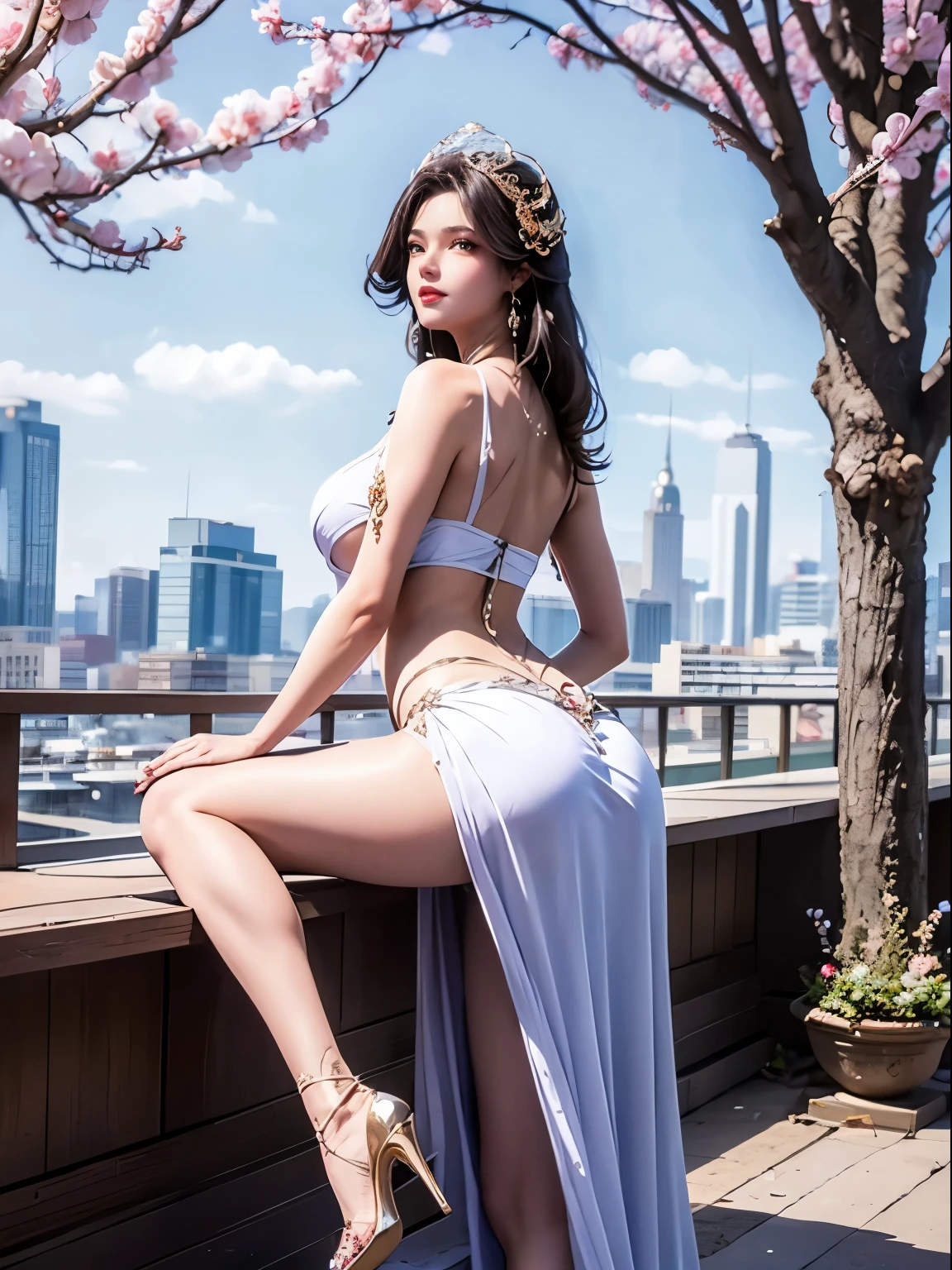 A young woman, Wearing a flowing white bikini , Long black hair hanging down her back. She wears a crown studded with precious stones, White lace wrapped around her abdomen, revealing her belly. She sits elegantly in the bustling city, In front of the blooming peach blossom trees. The camera captured her beautiful face, Intricate details accentuate her cinematic quality, Vivid and rich detail，Evoke a sense of awe. The artwork is presented in high-resolution 8K format, Show your best qualities，[show your toes]，（（（Gold-tone high heels, Smooth and shiny, Pointed toe and stiletto heels, Decorated with sparkling rhinestones，Overlooking the bustling city skyline）））