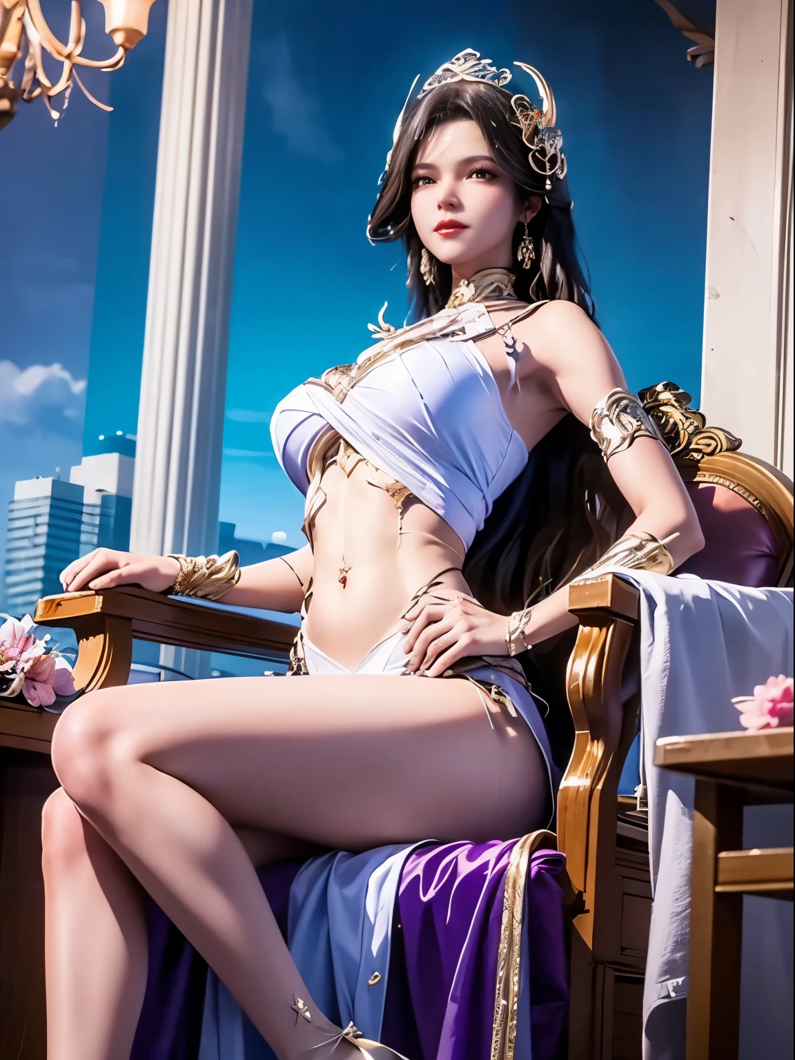 A young woman, Wearing a flowing white bikini , Long black hair hanging down her back. She wears a crown studded with precious stones, White lace wrapped around her abdomen, revealing her belly. She sits elegantly in the bustling city, In front of the blooming peach blossom trees. The camera captured her beautiful face, Intricate details accentuate her cinematic quality, Vivid and rich detail，Evoke a sense of awe. The artwork is presented in high-resolution 8K format, Show your best qualities，[show your toes]，（（（Gold-tone high heels, Smooth and shiny, Pointed toe and stiletto heels, Decorated with sparkling rhinestones，Overlooking the bustling city skyline）））