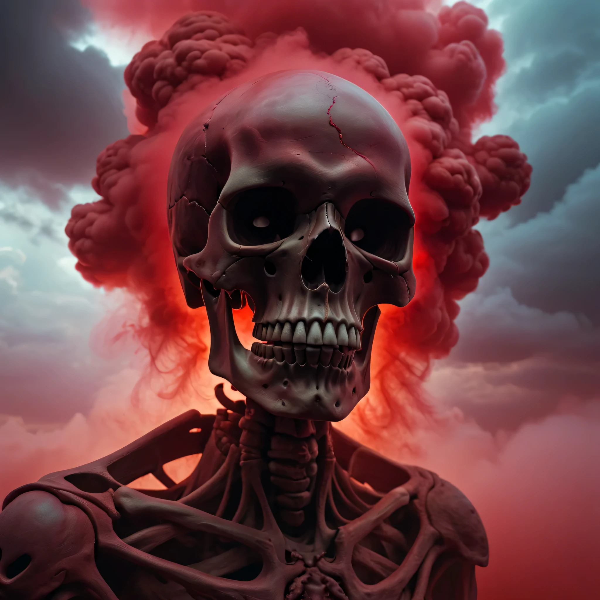 (Best Quality,8K,hight resolution,masutepiece:1.2),Ultra-detailed,skull made of red mist,Cloud-like,detailed corpse,vhorrified,horror festival setting,Portrait,Moody lighting,Ominous colors