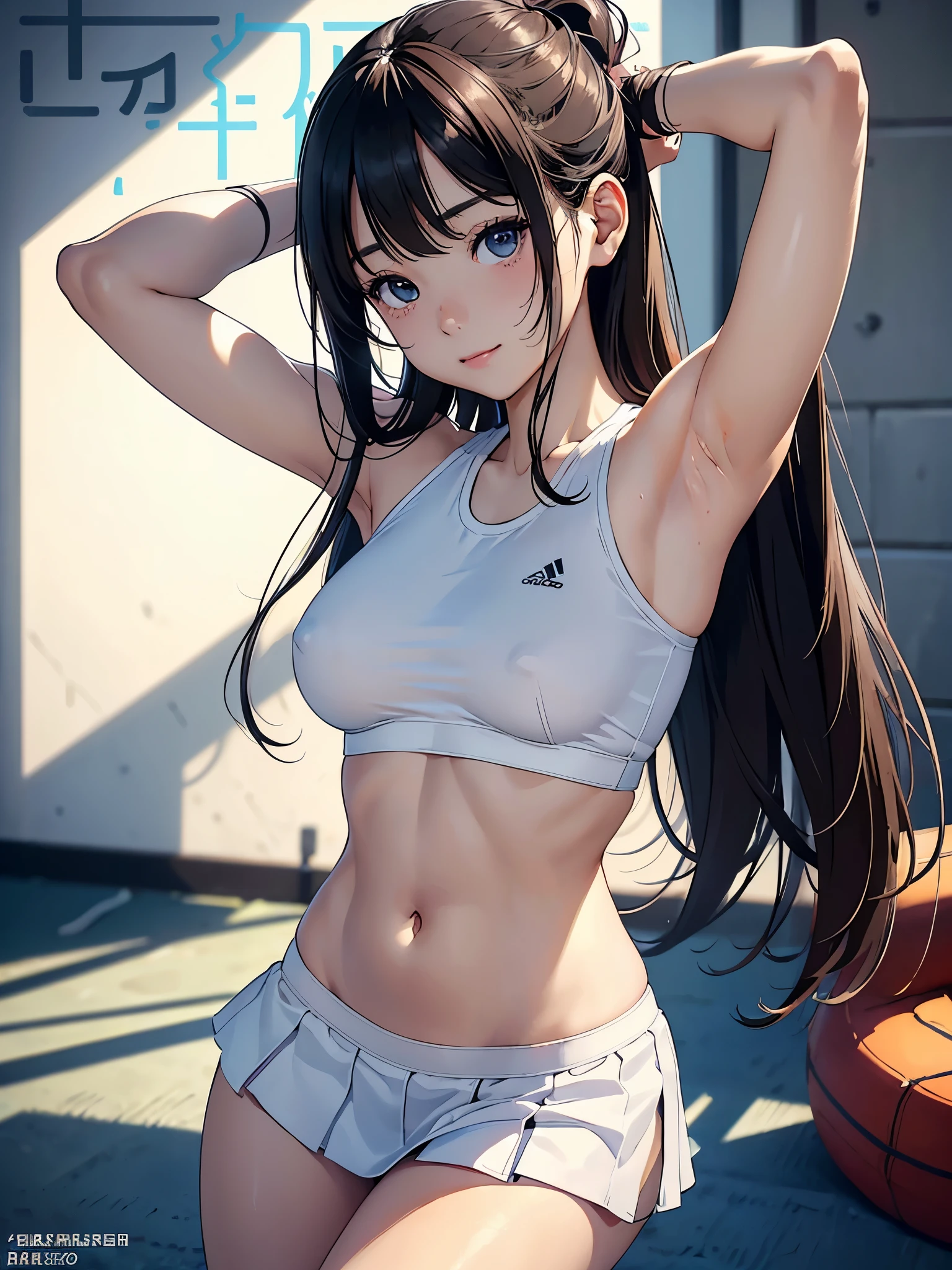 (Superflat, Flat Shading, flat-colors:1.1)、(Magazine Cover)、Illustrations、(One Asian boyish girl)、(cute little:1.2)、very beautiful 20 year old cartoon girl、Great smile、cheeks are reddened、(High Detail Skin: 1.2)、photorealistic anime girl render、realistic anime 3 d style、cute littleボブカット、Twin-tailed、beautiful brown hair、Intense black eyes、Strong highlights of the eyes、((Naked and oiled、accurate big breasts、sport underwear))、Perfect Anatomy、Great big breasts、hair messy、Pretty underwear、((Tight white tennis uniform with navel、Supple and thin fabric))、((White miniskirt with flared hem))、Sportswear、sneakers、(support)、stadio、Volumetric lighting、Soft light、Vibrant colors、watercolor paiting、