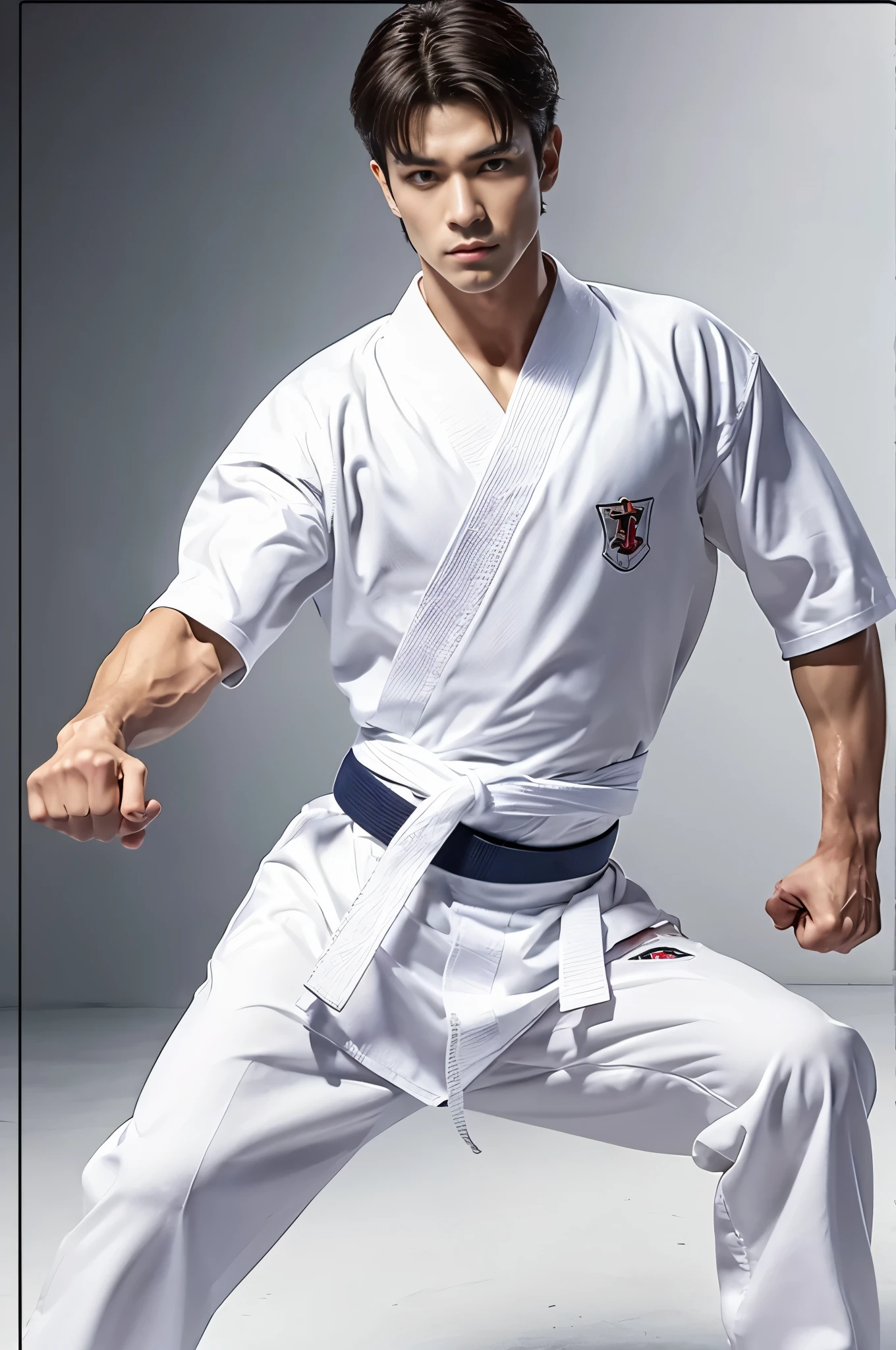 a picture, a handsome, 8k full body poster of a man with a charming gentle expression, Move ki, shorth hair, musculature, clong legs, musculatureの足,, bare-legged, 詳細なmusculatureの体格, a picture, (​masterpiece, top-quality, top-quality, Official art), High Side Kick, Stick out your fist, Large and dynamic movements, Photorealistic depiction,20yr old, Toned waist, White Karate Uniform, Karate Belt, White karate pants, Accurate depiction of details, Perfect skeleton, Look straight at your audience, sharp gaze