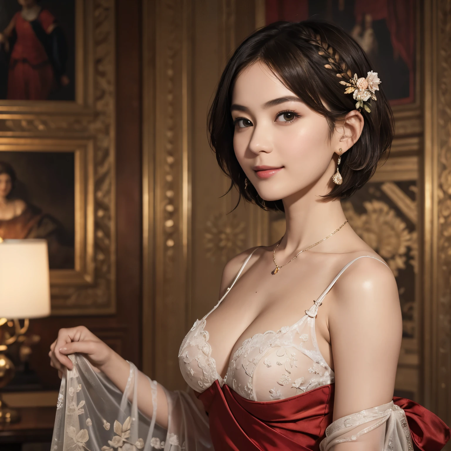 141
(a 20 yo woman,in the palace), (A hyper-realistic), (high-level image quality), ((beautiful hairstyle 46)), ((short-hair:1.46)), (kindly smile), (breasted:1.1), (lipsticks), (is wearing dress), (murky,wide,Luxurious room), (florals), (an oil painting、Rembrandt)