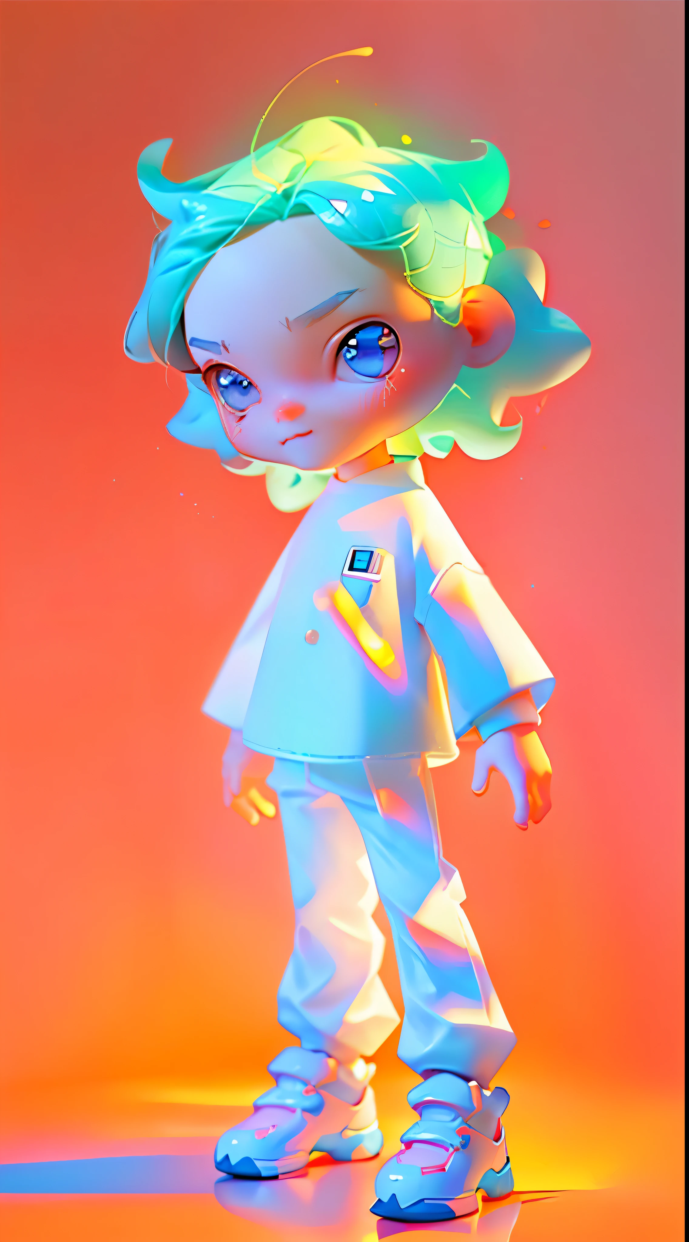 Boy little boy glasses full body 3d picture, 1pc, The eyes are good-looking, largeeyes, cute big breasts, having fun, pop matte blind box, Glowing bubbles, toys, solid color backdrop, ttchibi, Fluorescence transmittance, luminous body, kawaii, dolls, (((programmer, white  shirt))), Bubble Mart Blind Box, Complicated details, 3 Rendering, fol body reference sheet, dribbble, Studio lighting, change, small, Gamine, tchibi, SD character：1.1, magic lab background, c4d, reference sheet, by Pixar, Blander, Overclocked renderer, high detal, 8K