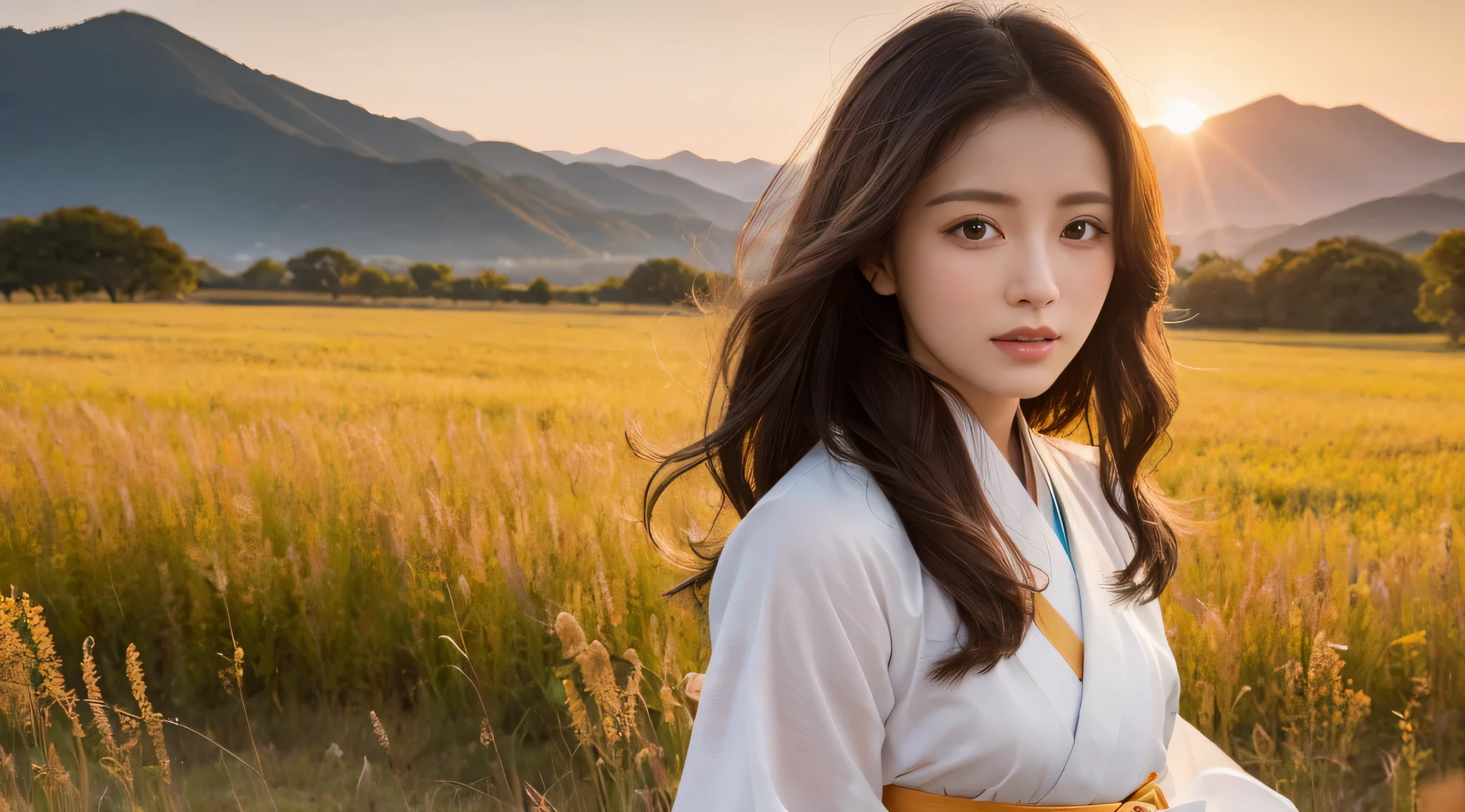 (Best quality at best,4K,8K,A high resolution,tmasterpiece:1.2),ultra - detailed,actual,photoactual:1.37, beautidful eyes, beautiful detailed lips, Extremely detailed face, Long eyelashes, intimate view, Classic oil painting, gentlesoftlighting, Vibrant colors, warm color palette, atmosphere, Standing in an open field surrounded by mountains, Timid expression, Natural hair, Flawless skin texture, light wind, Strike elegant poses, nervous energy, Afternoon atmosphere, Front Shooting, Wearing Korean traditional hanbok. sunraise