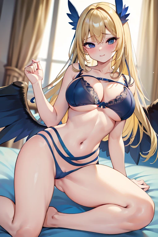 masterpiece, best quality, ((Best Quality)), ((Masterpiece)), (detailed), perfect faces, blonde hair, large breast, sexy, nude, naked, nipple, cum in pussy, breast milk, dark wings, sexy, bed, black wings, (((blue bra))), (((blue lingerie))), (((blue underwear)))