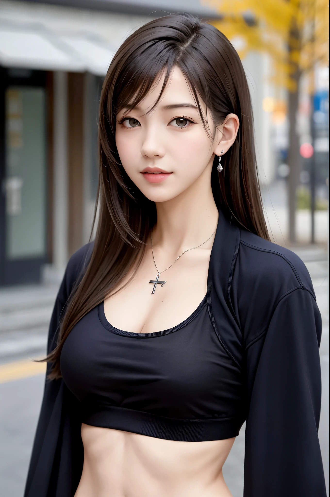 (top quality, masutepiece: 1.1), (Realistic: 1.3), BREAK (((FF7,Tifa_lockhart))),(solo,Tifa:1.2),(high school student, blazer uniform, autumn, walking, outdoor),(sexy pose:1.3),Ultra-detailed face, Detailed eyes,Red eyes, BREAK (((FF7,Tifa_lockhart))),(light brown hair, Large breasts: 1.2), BREAK (Small and beautiful hard nipple) About 18 years old,kawaii,smile,