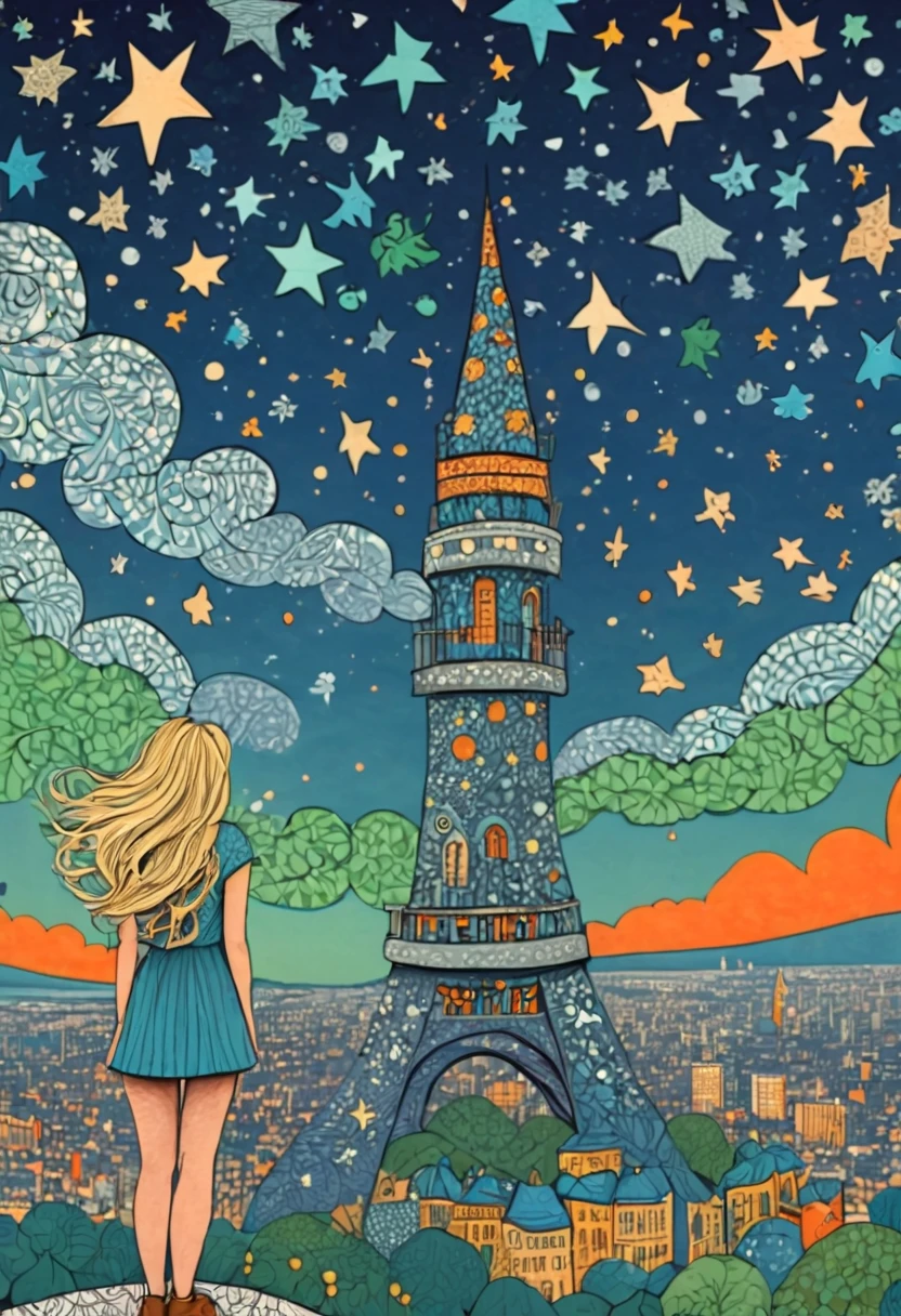 The stars , City Night View in a zentangle style. a blond woman standing on a tower looking at a star filled sky, detailed big city in background, blue, orange, grey, green, brown skies. by my self, by Tupu, in the style childish moderator, amazing wallpaper, by YFM!!