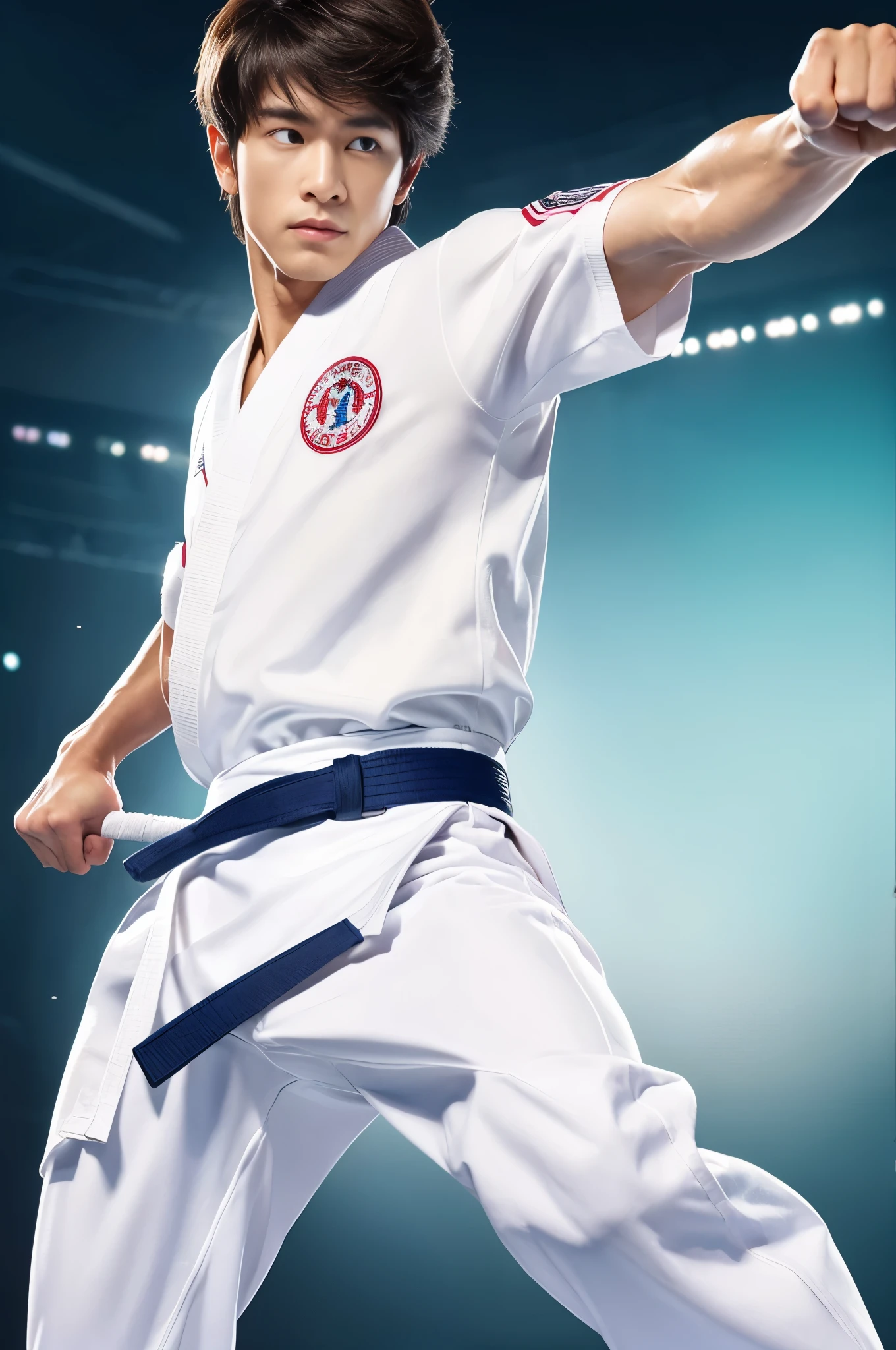a picture, a handsome, 8k full body poster of a man with a charming gentle expression, Move ki, shorth hair, musculature, clong legs, musculatureの足,, bare-legged, 詳細なmusculatureの体格, a picture, (​masterpiece, top-quality, top-quality, Official art), High Side Kick, Stick out your fist, Large and dynamic movements, Photorealistic depiction,20yr old, Toned waist, White Karate Uniform, Karate Belt, White karate pants, Accurate depiction of details, Perfect skeleton, Look straight at your audience, sharp gaze