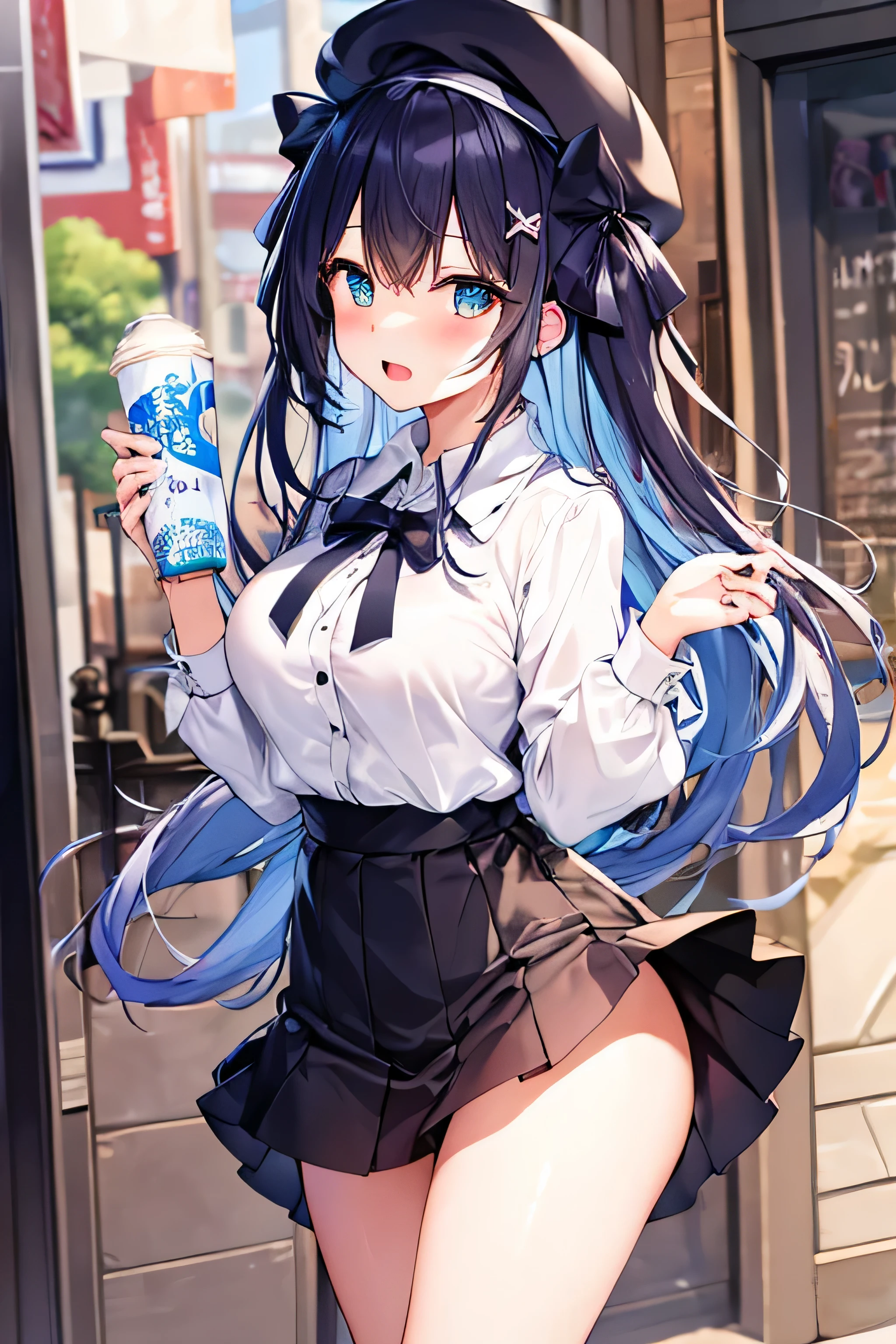 ​masterpiece、Top image quality、超A high resolution、miku hatsune、blue hairs、Twin-tailed、Blushing、mock、Open your mouth just a little、dressed casually、casual miniskirt、Wearing a beret、Japan amusement park