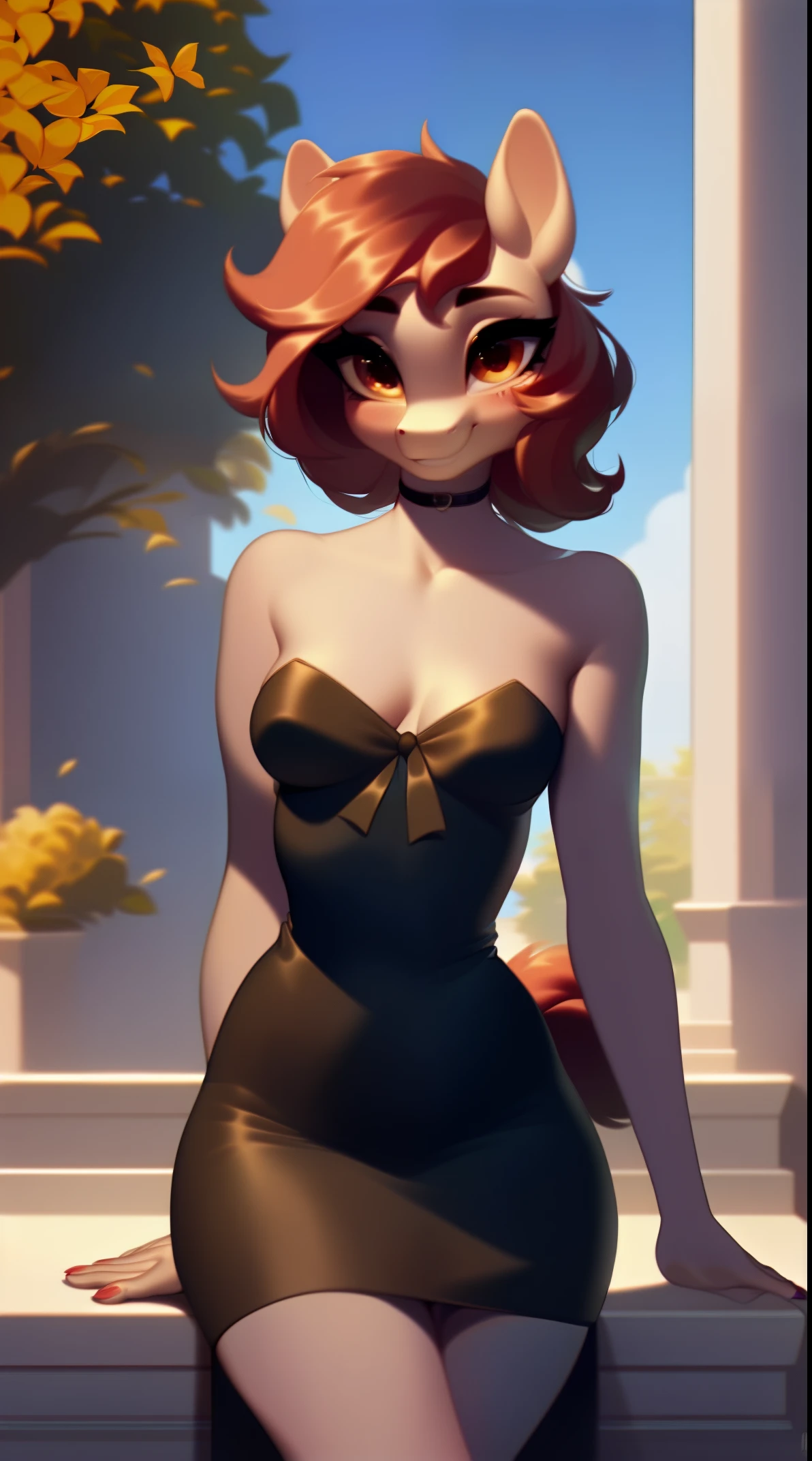(score_9), (source_derpibooru_p_95), (solo), ((anthro o.c pony 1.1)), (strapless dress), sexy, blushing, cute smile, anatomically correct, small breasts, solo, hourglass figure, curvy, plump body, cute, high res,