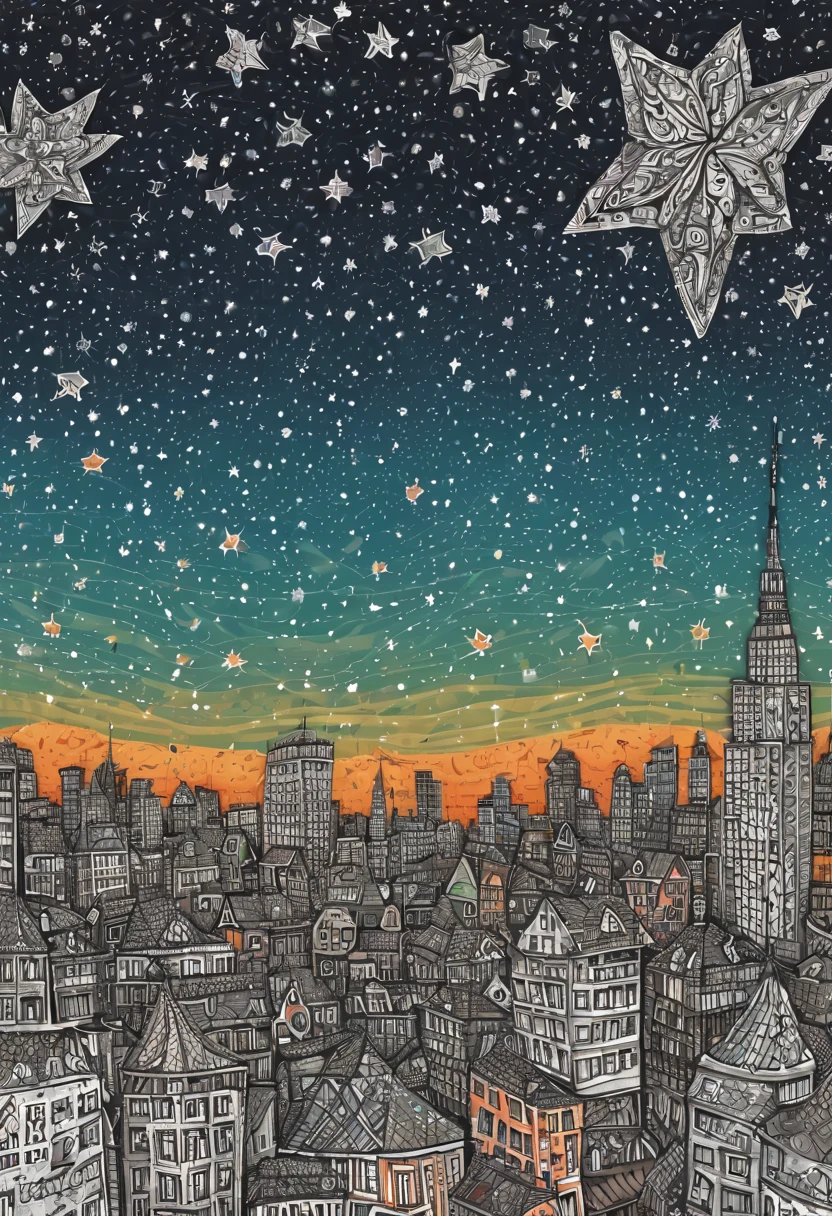 The stars , City Night View in a zentangle style. Star filled sky, detailed big city in background, blue, orange, grey, green, brown skies. by my self, by Tupu, in the style childish moderator, amazing wallpaper, by YFM!!