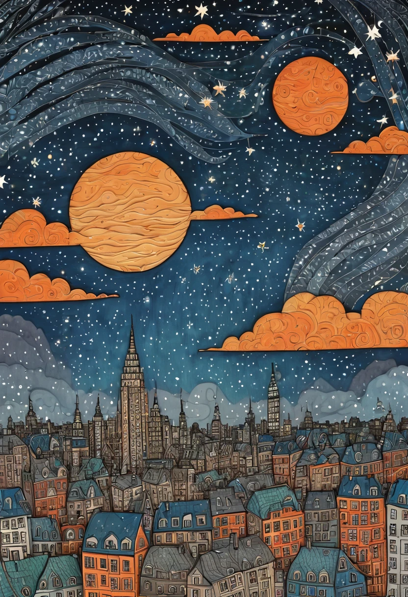 The stars , City Night View in a zentangle style. Star filled sky, detailed big city in background, blue, orange, grey, green, brown skies. by my self, by Tupu, in the style childish moderator, amazing wallpaper, by YFM!!