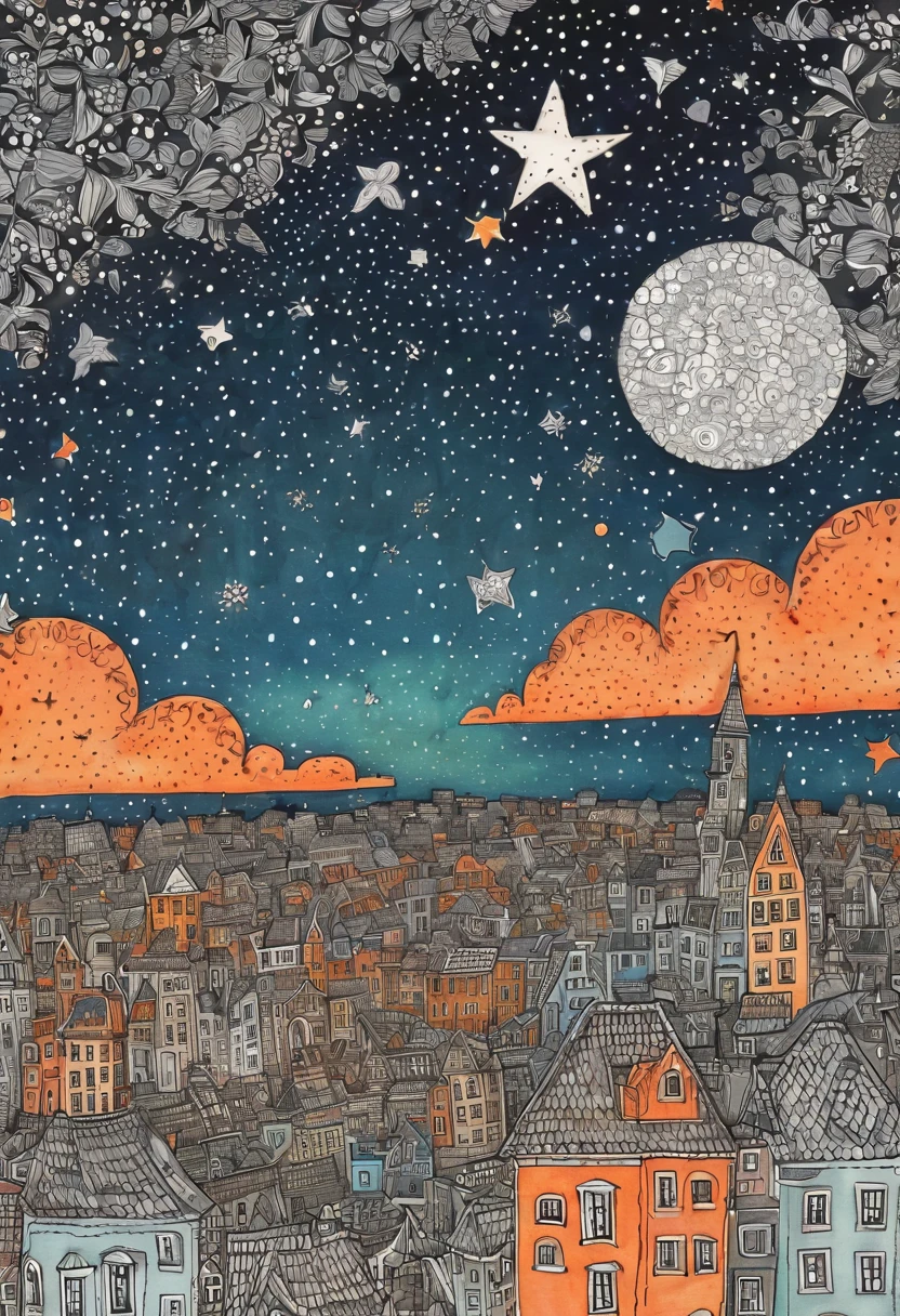 The stars , City Night View in a zentangle style. Star filled sky, detailed big city in background, blue, orange, grey, green, brown skies. by my self, by Tupu, in the style childish moderator, amazing wallpaper, by YFM!!