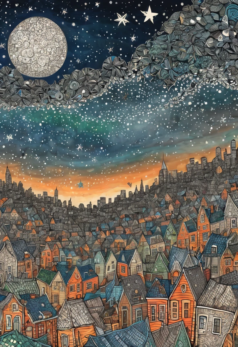 The stars , City Night View in a zentangle style. Star filled sky, detailed big city in background, blue, orange, grey, green, brown skies. by my self, by Tupu, in the style childish moderator, amazing wallpaper, by YFM!!