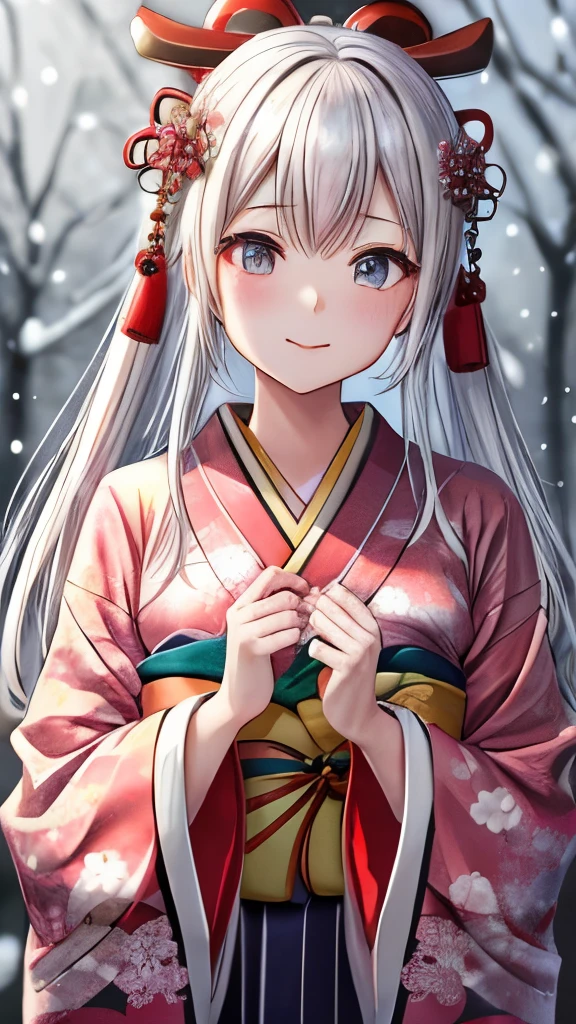 masutepiece, Best Quality, 1girl in, new year kimono, It's snowing、Winters