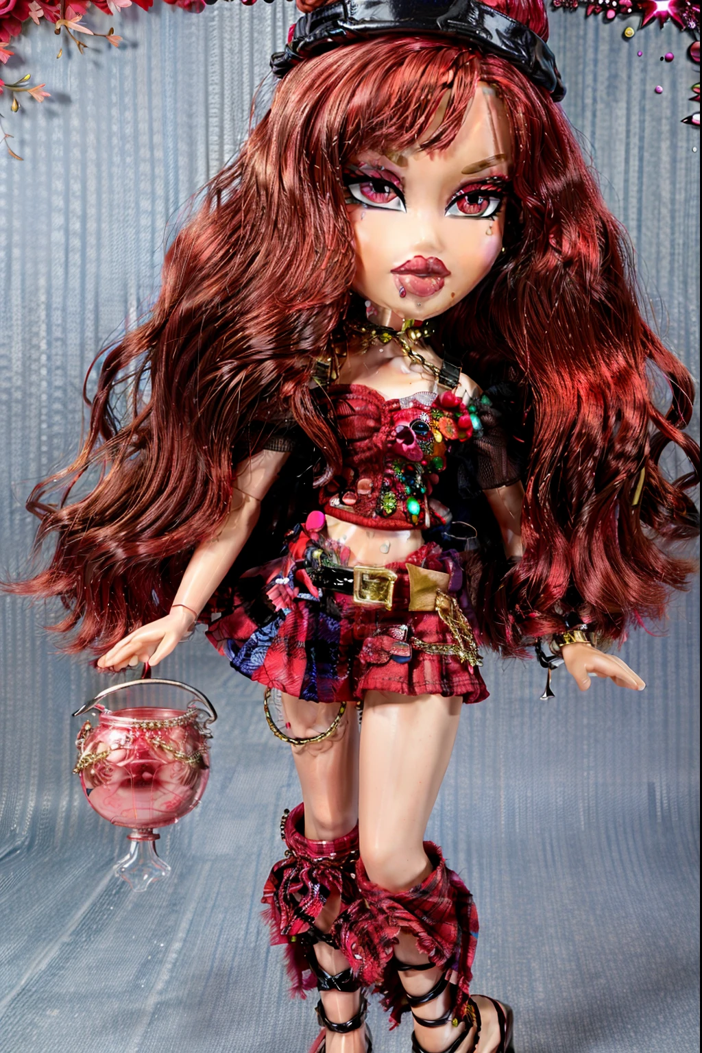 Bratz girl with detailed eyes and big lips and red curly rococo hair, wearing versace colorful flowers dress, full body , plastic skin , doll joints , ,(masterpiece, top quality, best quality, beautiful and aesthetic:1.2), hecatia lapislazuli, doll, revealing clothes, 1girl, solo, breasts, curvy, wide hips, narrow waist, joints, doll joints, cleavage, bursting breasts, huge breasts, lips, 1girl,polos crown,red hair,short hair,red eyes,chain,collar,off shoulder shirt,clothes writing,belt,multicolored skirt,plaid skirt,miniskirt, midriff, full body, high heels, thighhighs, long legs,