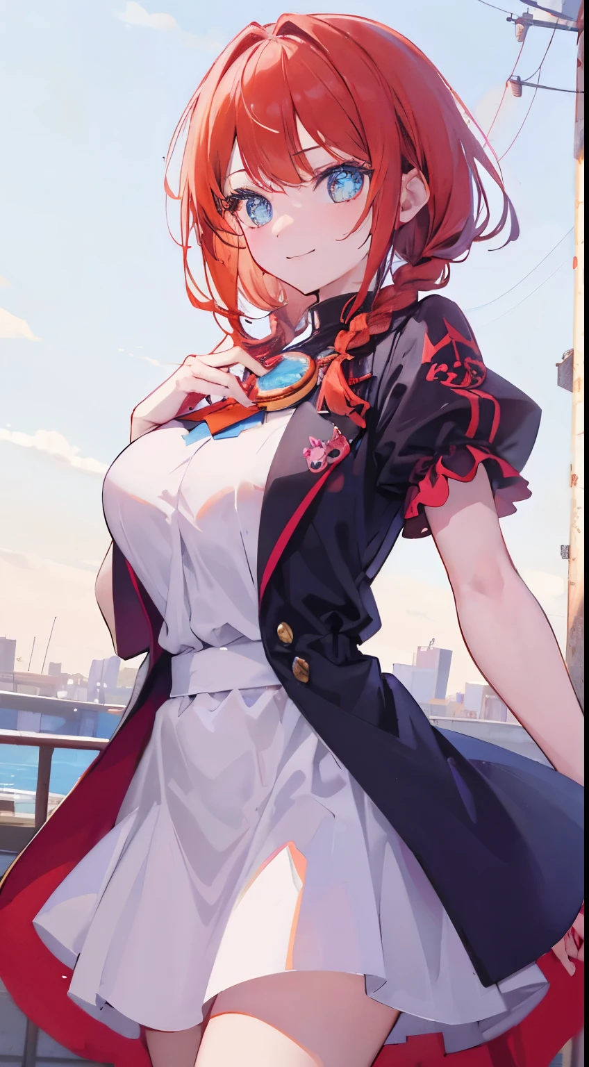 18 year old beautiful girl, blue big eyes,  Petite and slender、slightly large breast, ((scarlet orange hair,)),(Loose fluffy short braided hair), in 8K, of the highest quality, (Highly detailed head: 1.0), (Very detailed face: 1.0), (very detail hair: 1.0),(traveler costume)、sexy tattoo, Detailed official artwork, anime moe art style, clean detailed anime art,cool smile